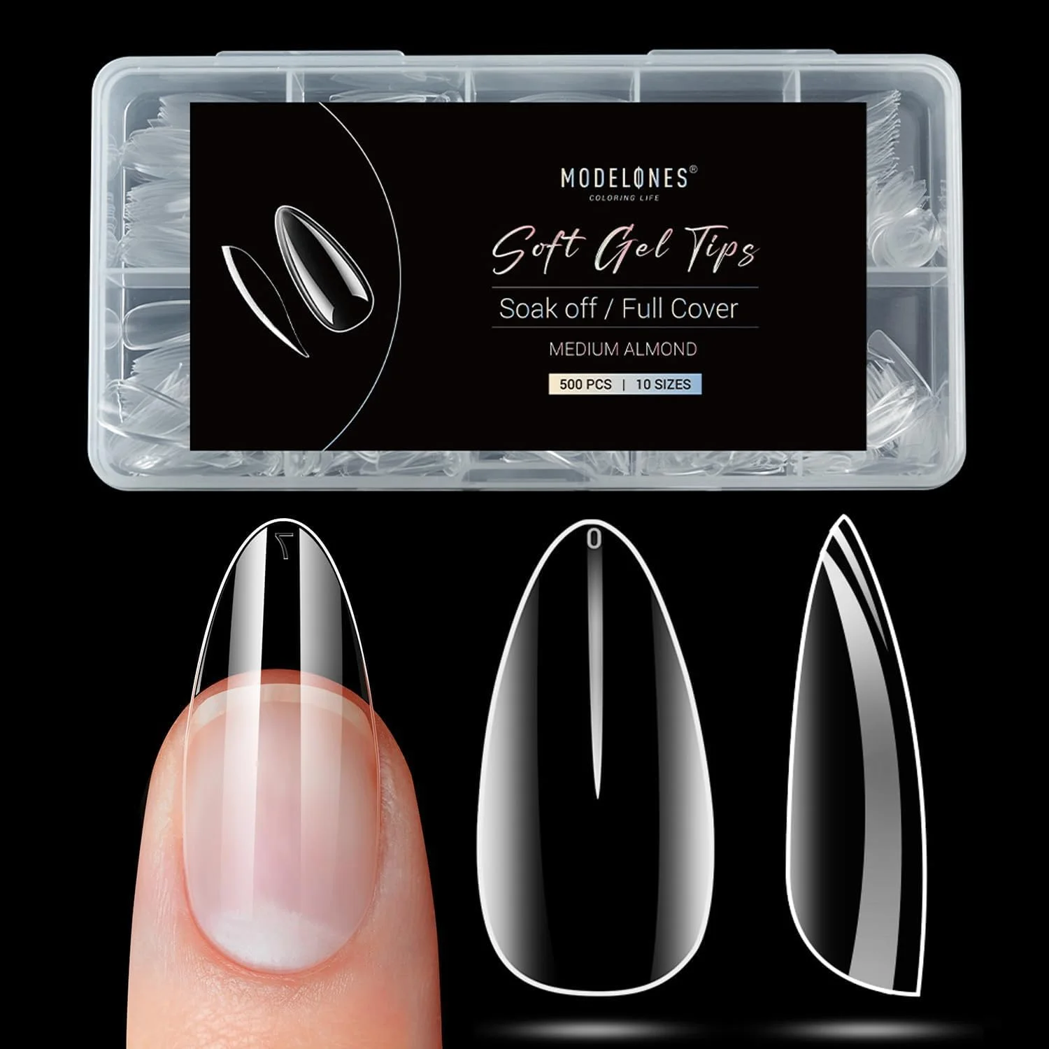 تیپ ناخن بادامی متوسط Modelones، 500 عدد، کاشت ناخن شفاف