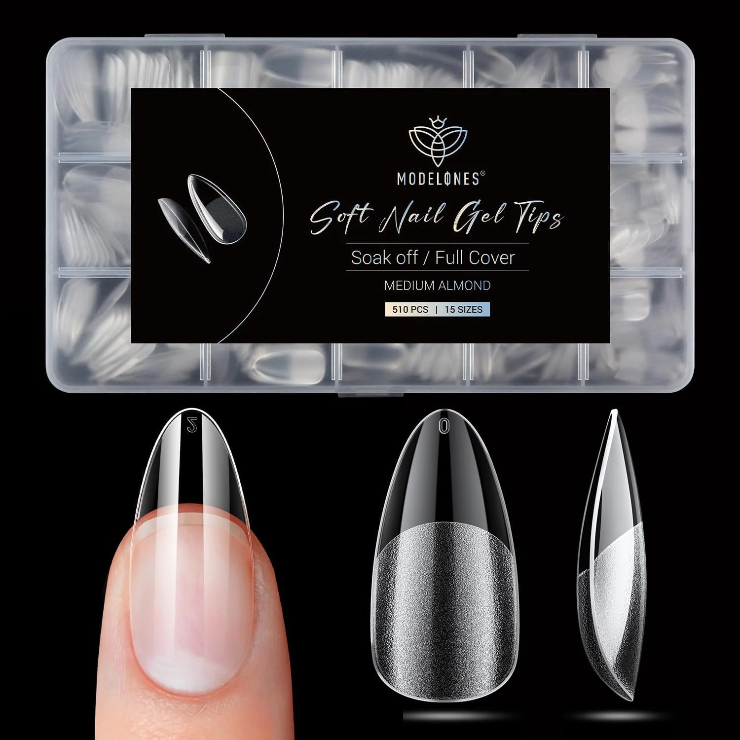 نکات ناخن مصنوعی بادامی نوک تیز Modelones - 510 عدد، نوک ژلی متوسط، از پیش شکل داده شده، پوشش کامل نیمه مات، کیت ژل اکریلیک شفاف، ناخن های مصنوعی فشاری برای اکستنشن، سالن DIY، 15 سایز