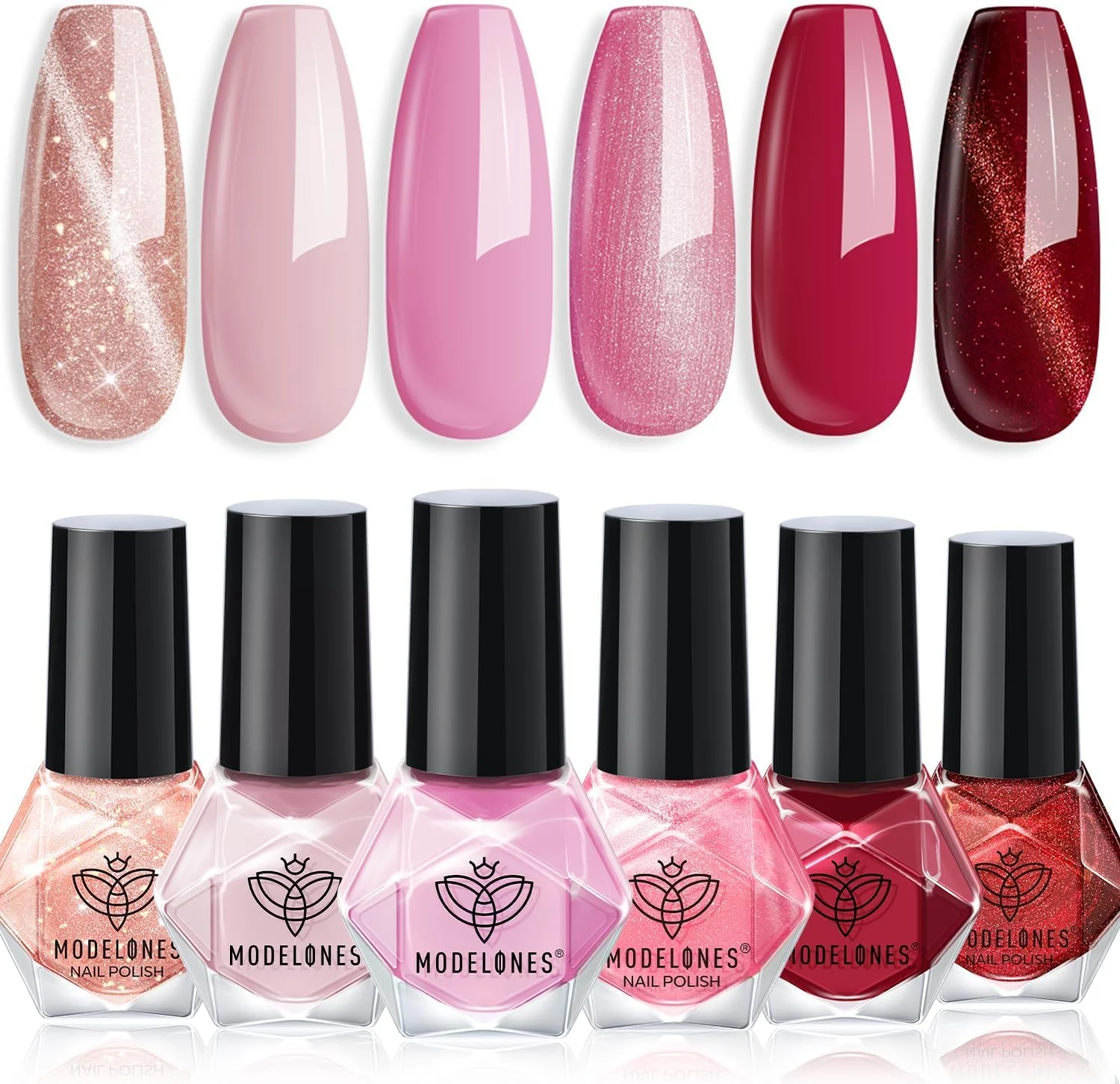 ست لاک ناخن چشم گربه ای مدلونز، مجموعه 6 رنگ صورتی، ست قرمز، لاک ناخن قرمز خشک شونده سریع، مناسب طراحی ناخن در خانه و سالن، هدیه روز ولنتاین برای خانم ها و دختران