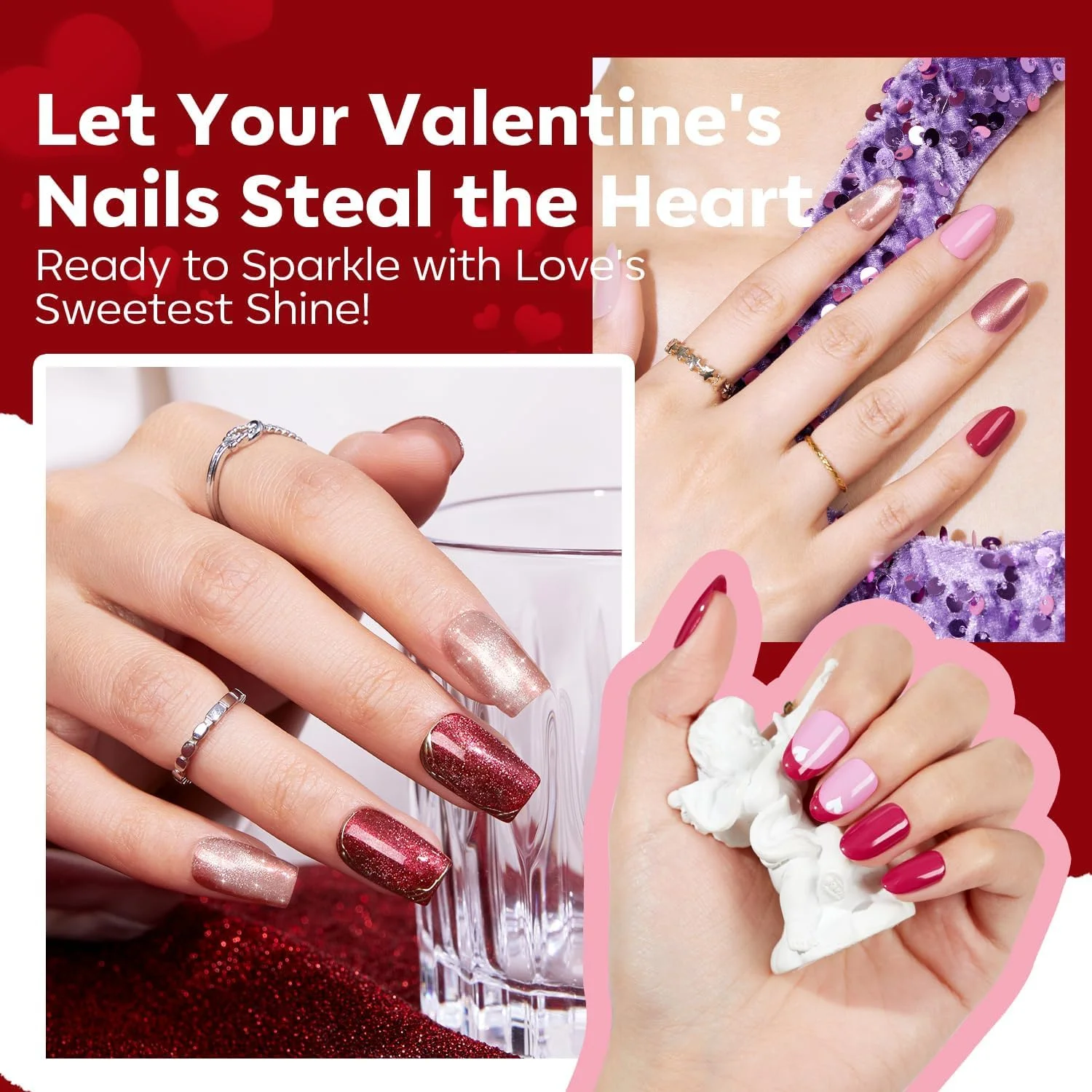 ست لاک ناخن چشم گربه ای مدلونز، مجموعه 6 رنگ صورتی، ست قرمز، لاک ناخن قرمز خشک شونده سریع، مناسب طراحی ناخن در خانه و سالن، هدیه روز ولنتاین برای خانم ها و دختران
