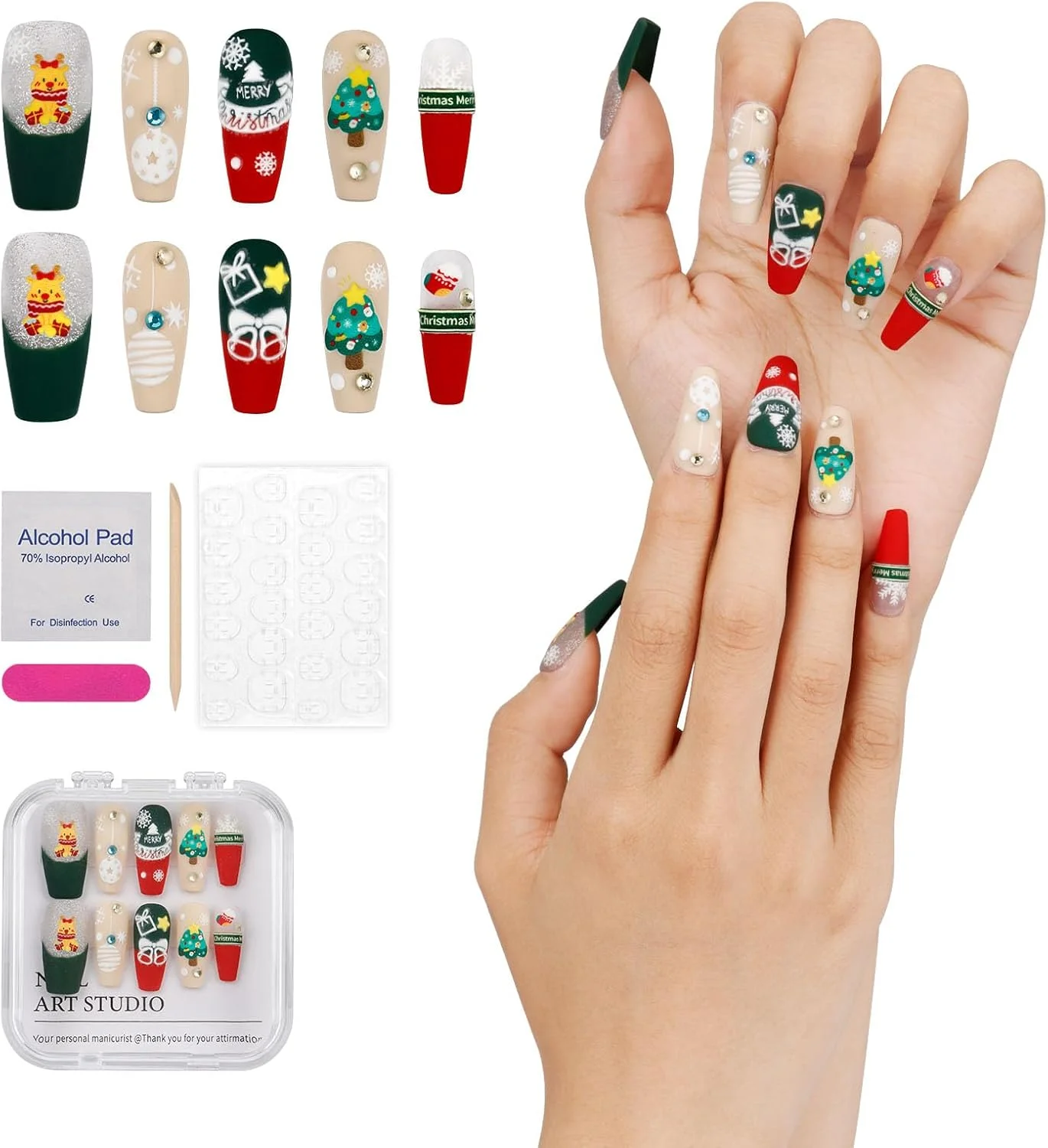 ناخن مصنوعی کوتاه، ست ناخن مصنوعی با طول متوسط، ست ناخن مصنوعی با چسب، ست ناخن مصنوعی فشاری، سایز L، رنگ قرمز، سبک فانتزی [گوزن شمالی کریسمس]