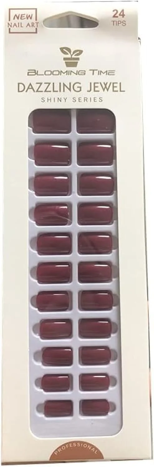 ۲۴ عدد ناخن مصنوعی چسبی، کوتاه، پوشش کامل، رنگ قرمز شرابی