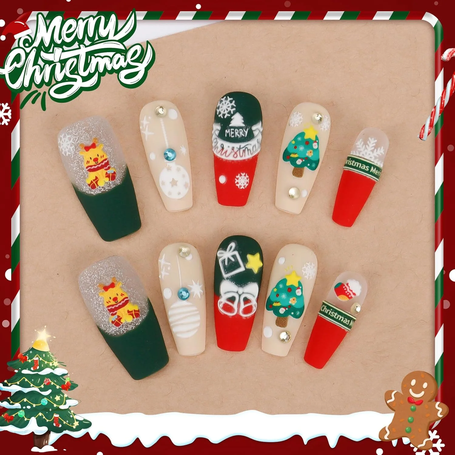 ناخن مصنوعی کوتاه، ست ناخن مصنوعی با طول متوسط، ست ناخن مصنوعی با چسب، ست ناخن مصنوعی فشاری، سایز L، رنگ قرمز، سبک فانتزی [گوزن شمالی کریسمس]