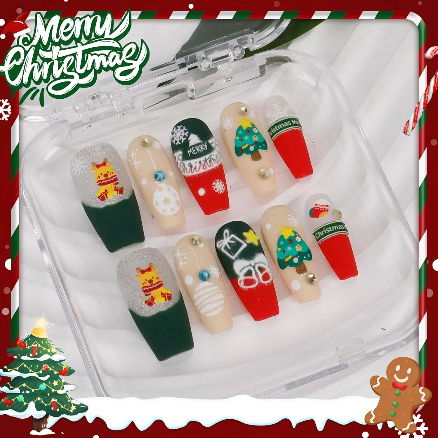 ناخن مصنوعی کوتاه، ست ناخن مصنوعی با طول متوسط، ست ناخن مصنوعی با چسب، ست ناخن مصنوعی فشاری، سایز L، رنگ قرمز، سبک فانتزی [گوزن شمالی کریسمس]