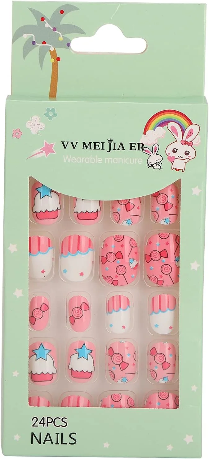 ۲۴ عدد ناخن مصنوعی با طرح کارتونی بچگانه - پوشش کامل، قابل جابجایی و استفاده آسان برای هنر ناخن سرگرم‌کننده (02)