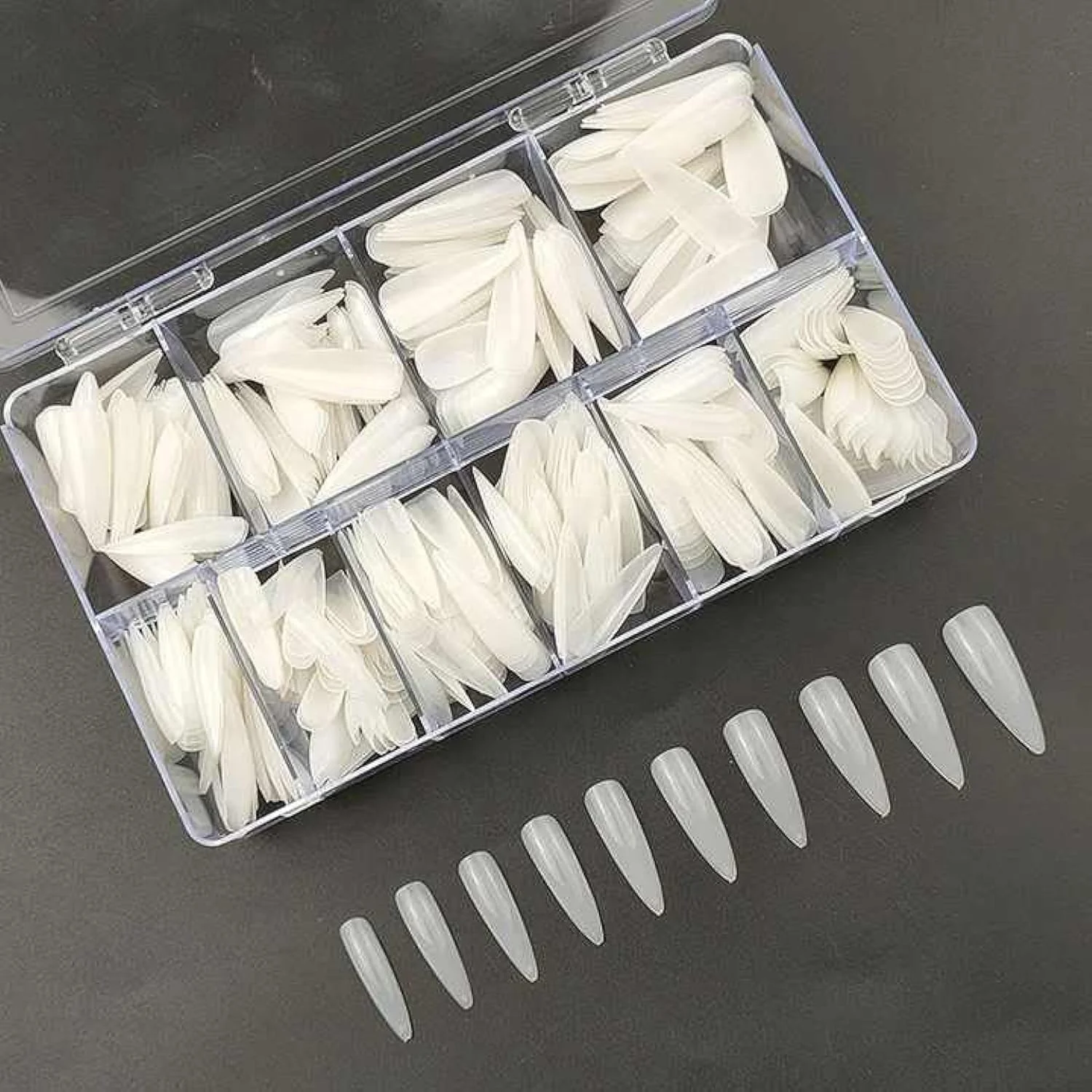 نک ناخن مصنوعی حرفه ای، بلند، طبیعی، مناسب طراحی ناخن، فرم تخت، پوشش کامل، مانیکور، 10 سایز، 500 عدد در جعبه