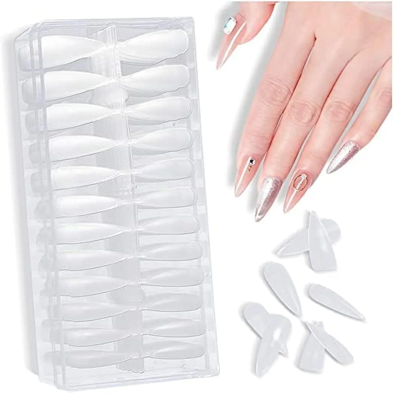 ORiTi 504 عدد نوک ناخن فرانسوی استیلتو، ناخن های مصنوعی اکریلیک پوشش نیمه کامل شفاف طبیعی حرفه ای، مجموعه نوک ناخن مصنوعی