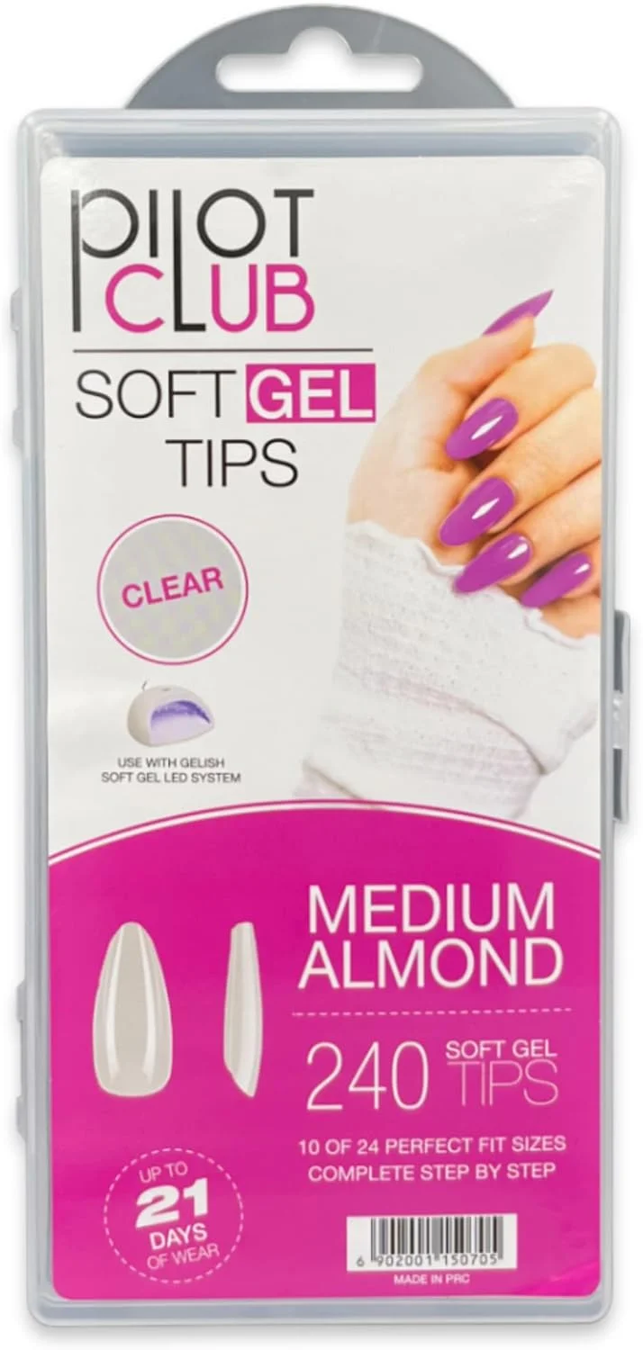 تیپ های ژل نرم با قالب بی نقص Pilot Club مناسب استفاده با لامپ UV (بادامی متوسط، 10 از 24 - شفاف، ماندگاری تا 21 روز) - 240 عدد