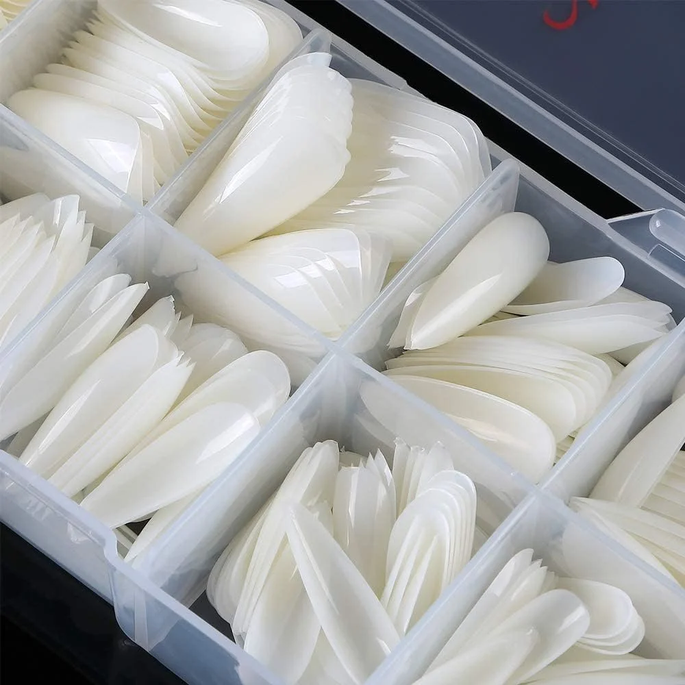 ناخن مصنوعی بلند استیلتو نوک تیز، پوشش کامل پنجه طبیعی، 500 عدد مناسب برای سالن های ناخن، 10 سایز (طبیعی)