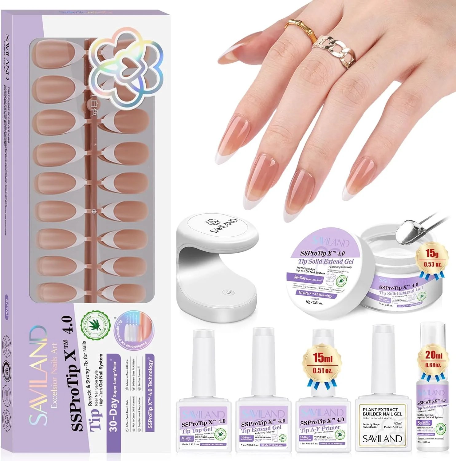 ناخن مصنوعی بادامی ساویلند: ناخن مصنوعی فرنچ نوک سفید پوشش کامل 90 عددی در 15 سایز، چسب ناخن بادامی متوسط و قوی، پرایمر، ابزار فرنچ نوک سفید