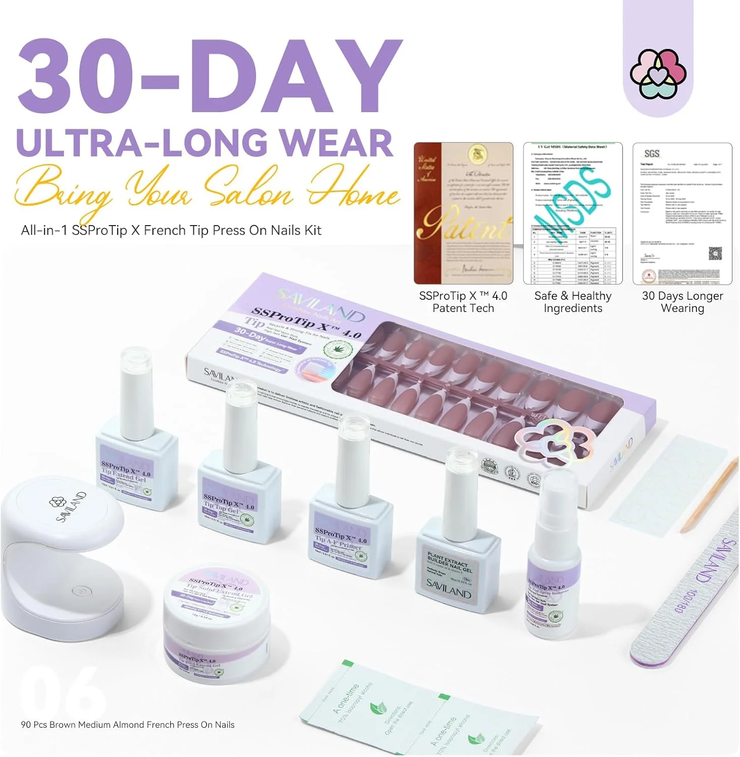 ناخن مصنوعی بادامی ساویلند: ناخن مصنوعی فرنچ نوک سفید پوشش کامل 90 عددی در 15 سایز، چسب ناخن بادامی متوسط و قوی، پرایمر، ابزار فرنچ نوک سفید