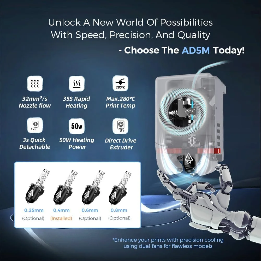 پرینتر سه بعدی فلش فورج Adventurer 5M، سرعت بالای 600 میلی‌متر بر ثانیه، تراز خودکار کامل با یک کلیک، اکسترودر مستقیم ارتقا یافته با نازل جداشدنی سریع 280 درجه سانتیگراد، صفحه پوشش PEI دو طرفه، اندازه چاپ 220x220x220 میلی‌متر
