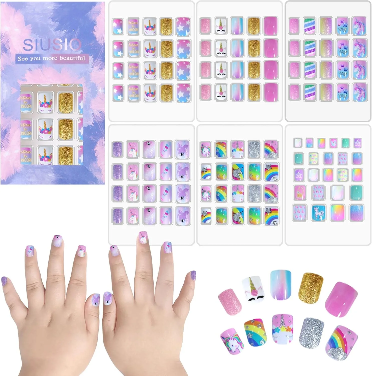 SIUSIO بسته 6 عددی 124 تایی ناخن مصنوعی اکریلیک بچگانه، چسب دار، طرح دار، رنگین کمانی، کوتاه، مناسب کودکان و دختران کوچک - پری رویایی