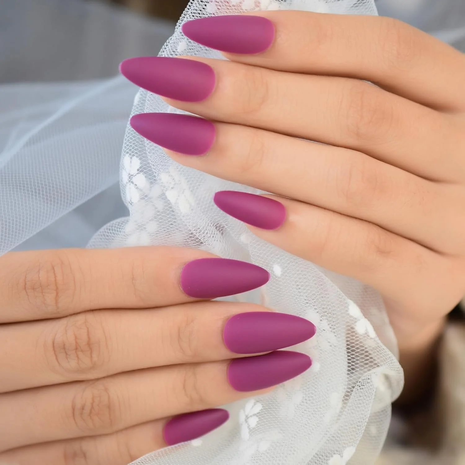 کیت تزئینات ناخن استیلتو - نوک ناخن، قابل استفاده مجدد، راحت برای زنان، ست ناخن فوری، مات یکدست بنفش تیره