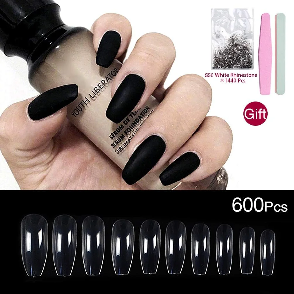 ۶۰۰ عدد ناخن مصنوعی بالرینا برای خانم ها، ناخن های شفاف، پوشش کامل، سبک اکریلیک، نوک های مصنوعی بلند، ۱۰ سایز - مناسب برای سالن های ناخن و طراحی ناخن DIY (ناخن های بالرینا شفاف)