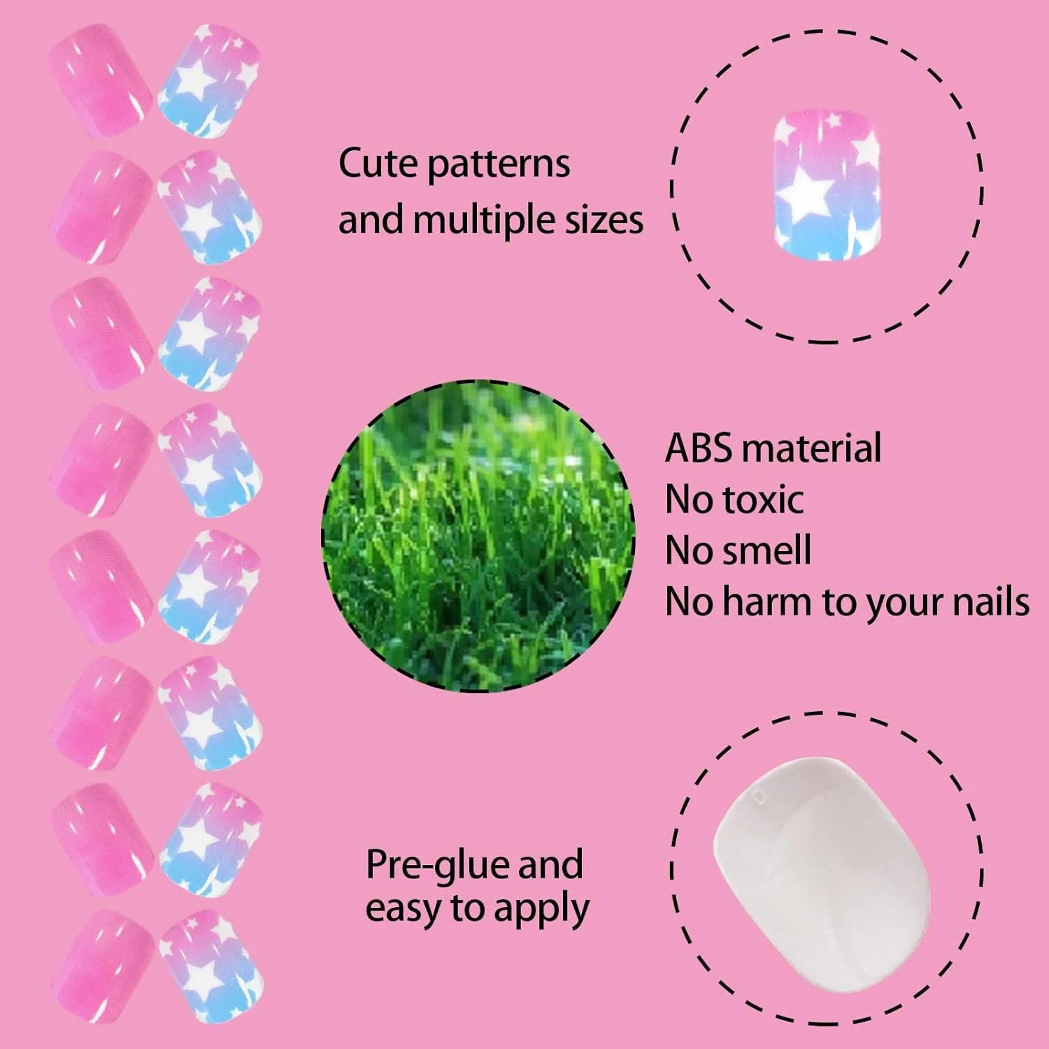 SIUSIO بسته 6 عددی 124 تایی ناخن مصنوعی اکریلیک بچگانه، چسب دار، طرح دار، رنگین کمانی، کوتاه، مناسب کودکان و دختران کوچک - پری رویایی