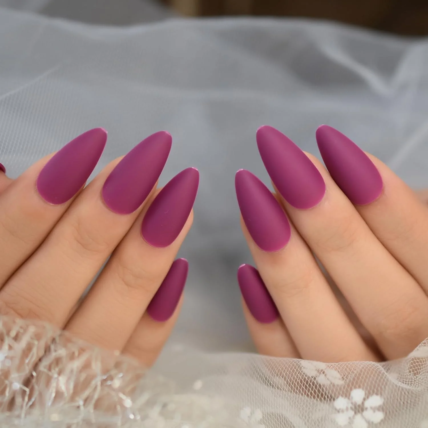 کیت تزئینات ناخن استیلتو - نوک ناخن، قابل استفاده مجدد، راحت برای زنان، ست ناخن فوری، مات یکدست بنفش تیره