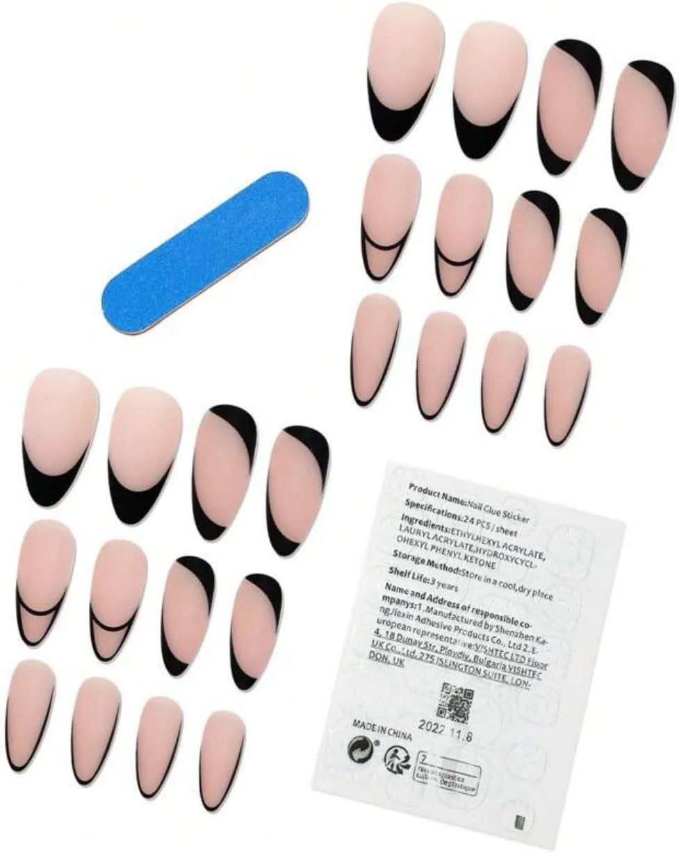 ناخن مصنوعی با طرح فرانسوی، رنگ مشکی، طراحی ناخن بادامی، رنگ ثابت، گرادیان مات، 24 عدد، طراحی ناخن فرنچ متوسط و طبیعی، طراحی ناخن ترند، ناخن های اکریلیک مصنوعی با چسب