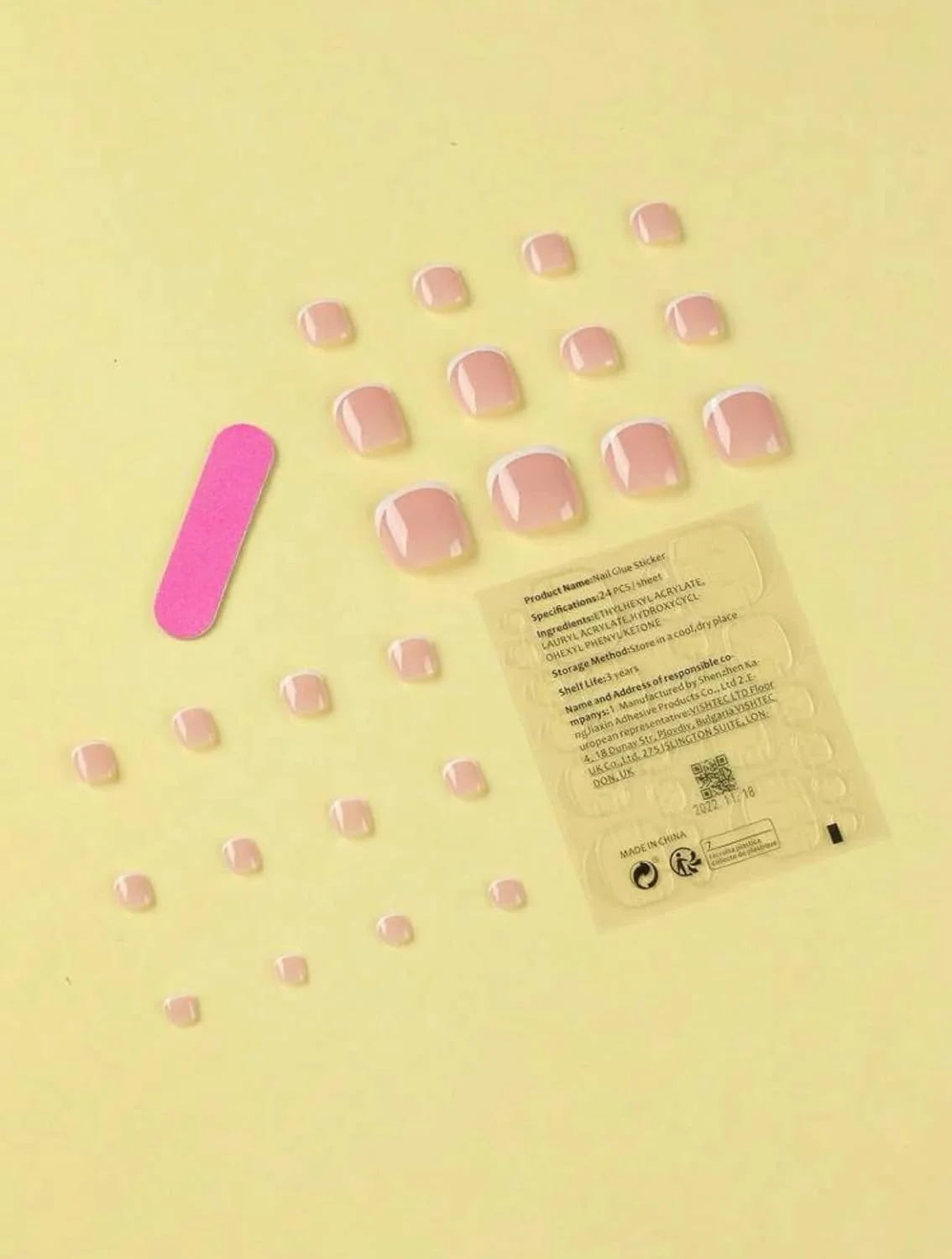 ناخن مصنوعی پا طرح فرانسوی، مربعی شکل، طبیعی، کلاسیک فرانسوی، متوسط، براق، 24 عددی، ناخن های مصنوعی اکریلیک به همراه چسب