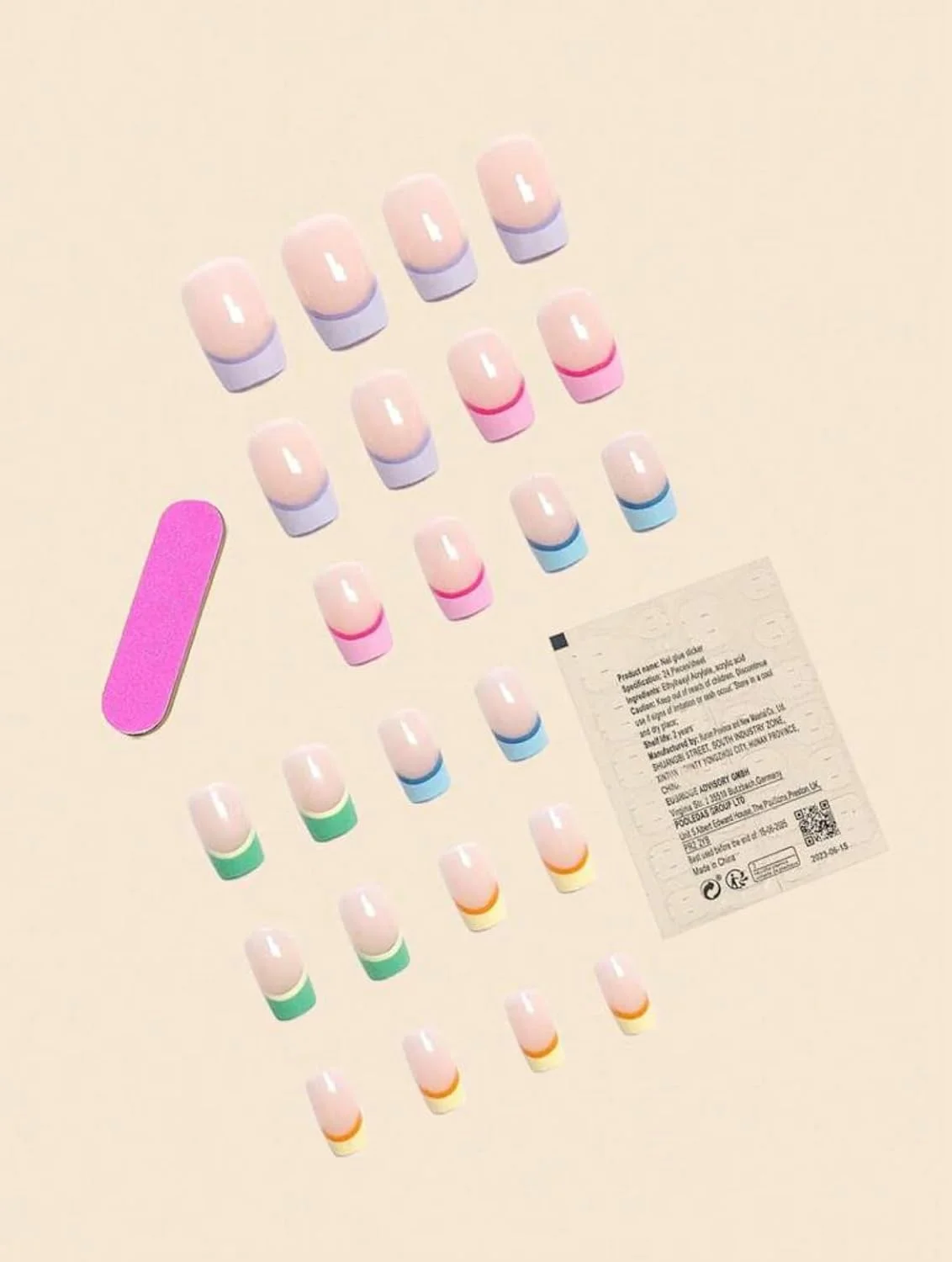 ناخن مصنوعی چسبی Suerte، نوک رنگین کمانی چند رنگ، مانیکور فرانسوی، مربعی، رنگ ثابت، براق، 24 عددی، ناخن مصنوعی فرانسوی، مانیکور طبیعی متوسط، طراحی ناخن ترندی، ناخن های اکریلیک مصنوعی با چسب