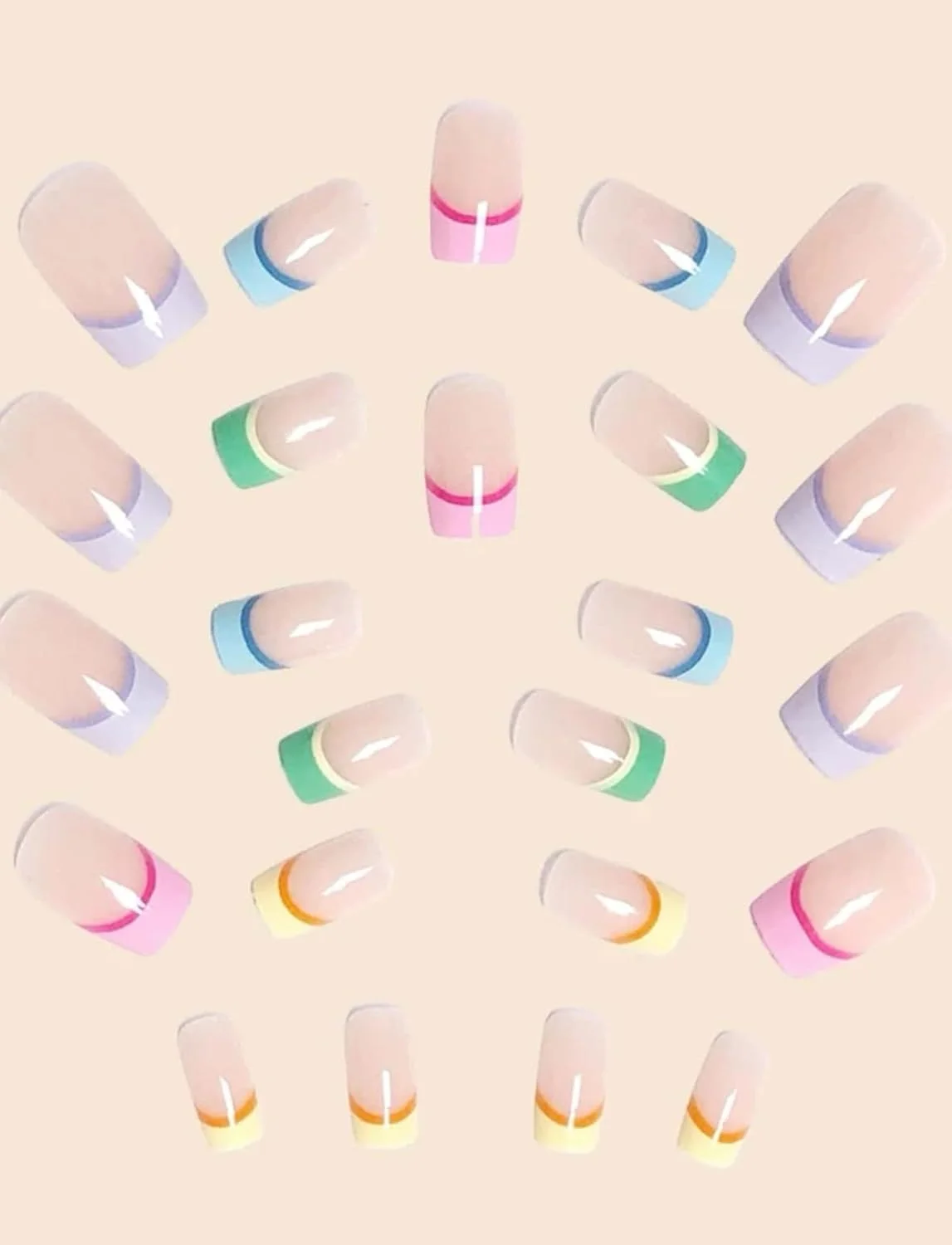 ناخن مصنوعی چسبی Suerte، نوک رنگین کمانی چند رنگ، مانیکور فرانسوی، مربعی، رنگ ثابت، براق، 24 عددی، ناخن مصنوعی فرانسوی، مانیکور طبیعی متوسط، طراحی ناخن ترندی، ناخن های اکریلیک مصنوعی با چسب