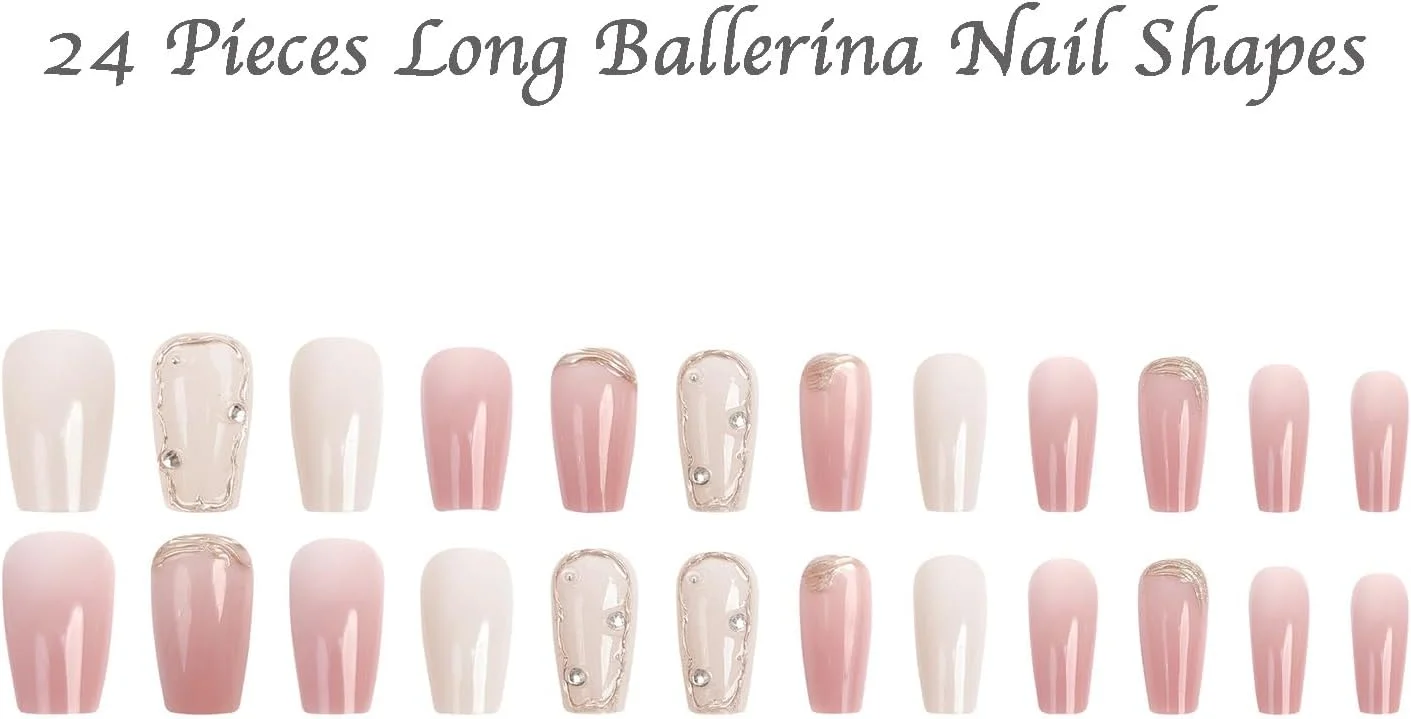 ست ناخن مصنوعی اکریلیک با طرح ها و تزئینات لاک ژل دست ساز برای مانیکور با کیفیت سالن در خانه (صورتی پرنسسی)