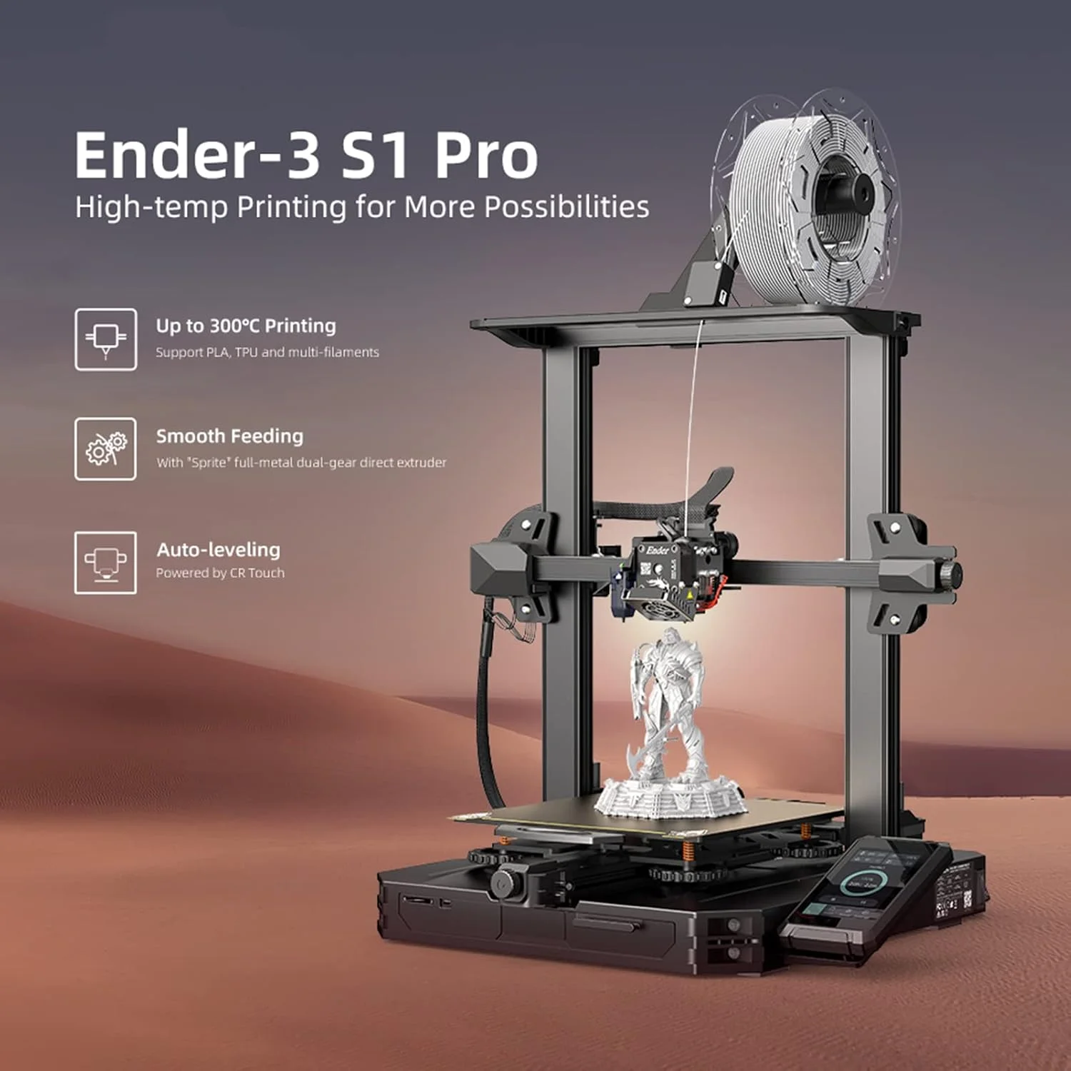 پرینتر سه بعدی رومیزی Irovami 3D Ender-3 S1 Pro FDM با اکسترودر تمام فلزی Sprite، پلتفرم PEI، تراز اتوماتیک CR Touch، قابلیت ادامه چاپ، ابعاد 220 * 220 * 270 میلی متر