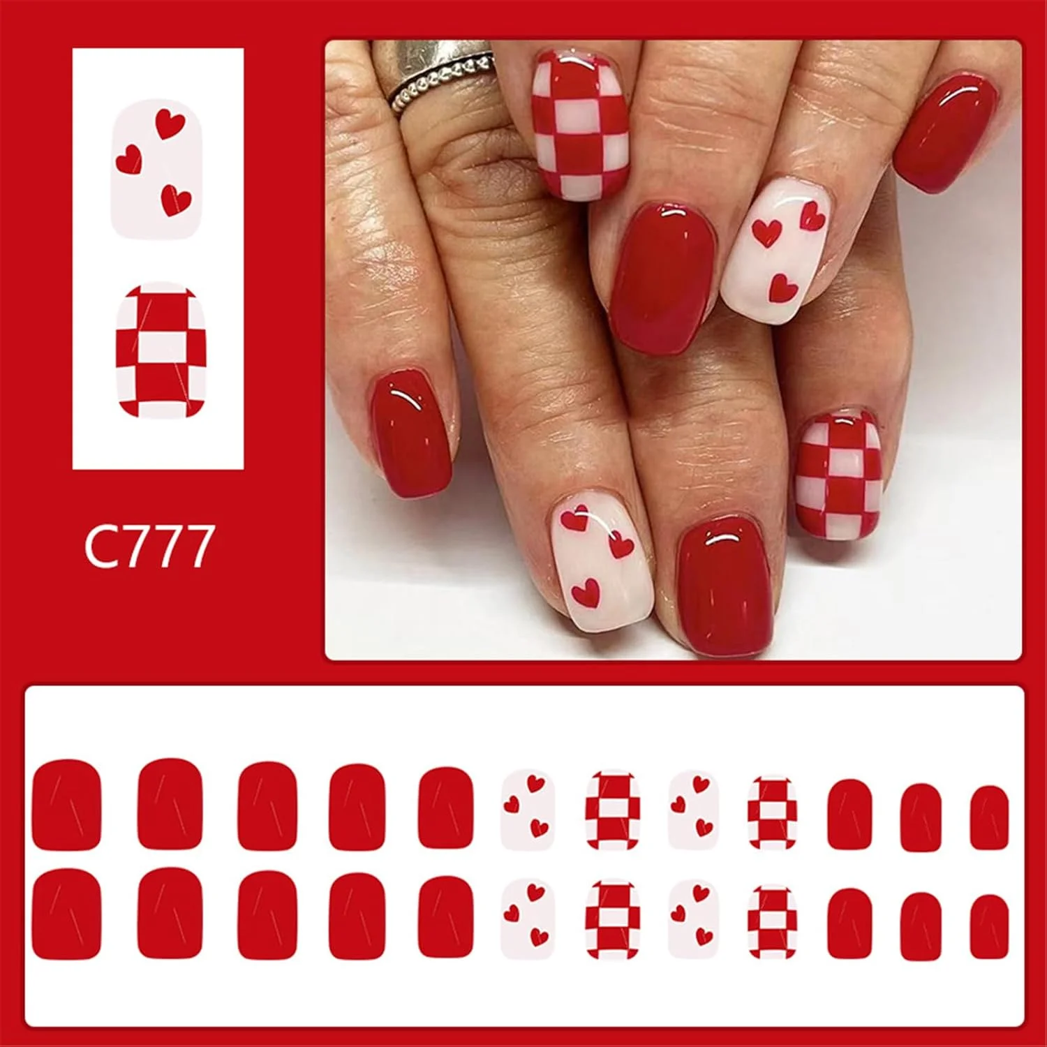 ۲۴ عدد ناخن مصنوعی چسبی طرح روز ولنتاین، کوتاه، مربعی، براق، اکریلیک، طرح قلب زیبا برای خانم ها