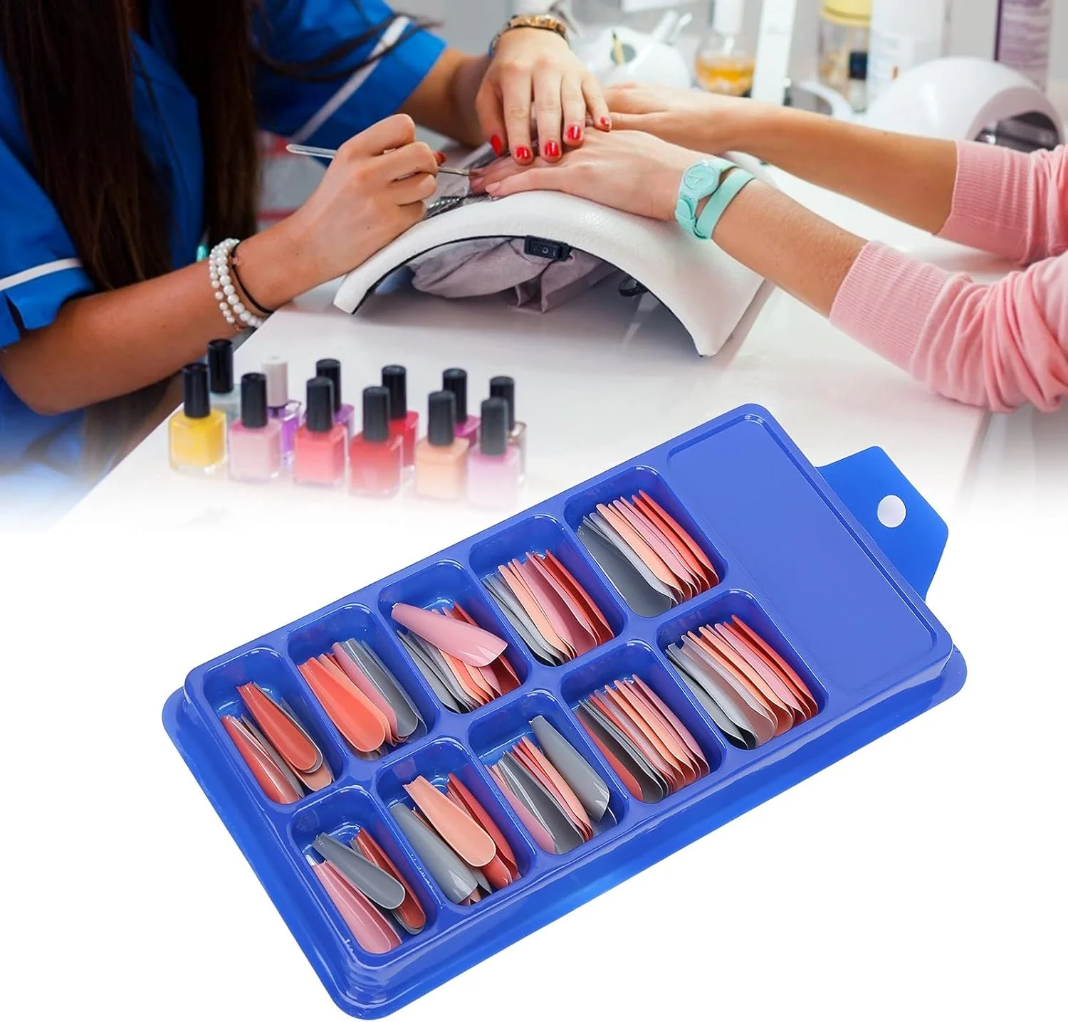 ۱۰۰ عدد ناخن مصنوعی بالرینی، نوک ناخن بلند با پوشش کامل، مناسب برای طراحی ناخن در خانه و سالن، در ۱۰ سایز مختلف