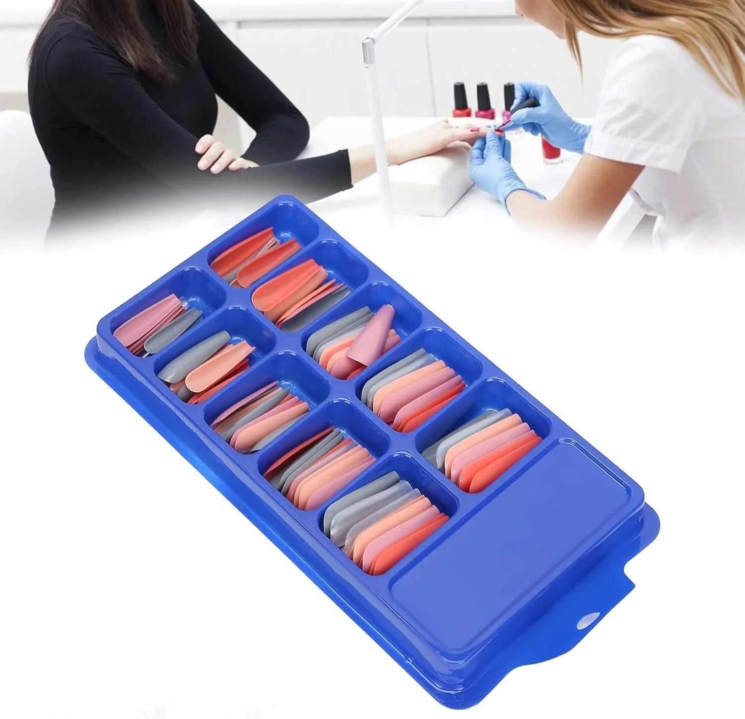 ۱۰۰ عدد ناخن مصنوعی بالرینی، نوک ناخن بلند با پوشش کامل، مناسب برای طراحی ناخن در خانه و سالن، در ۱۰ سایز مختلف