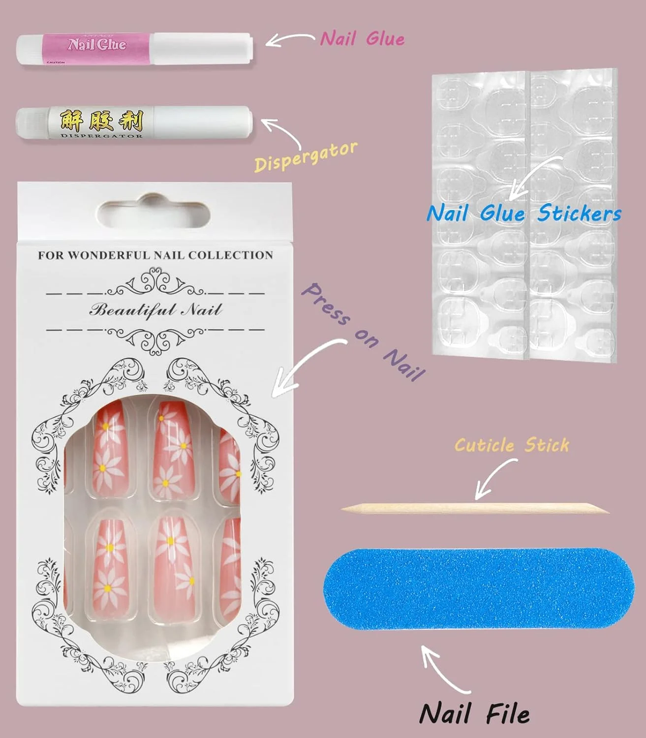 ناخن مصنوعی نوک تیز تابوتی، رنگ خنثی با تزئین گل سفید