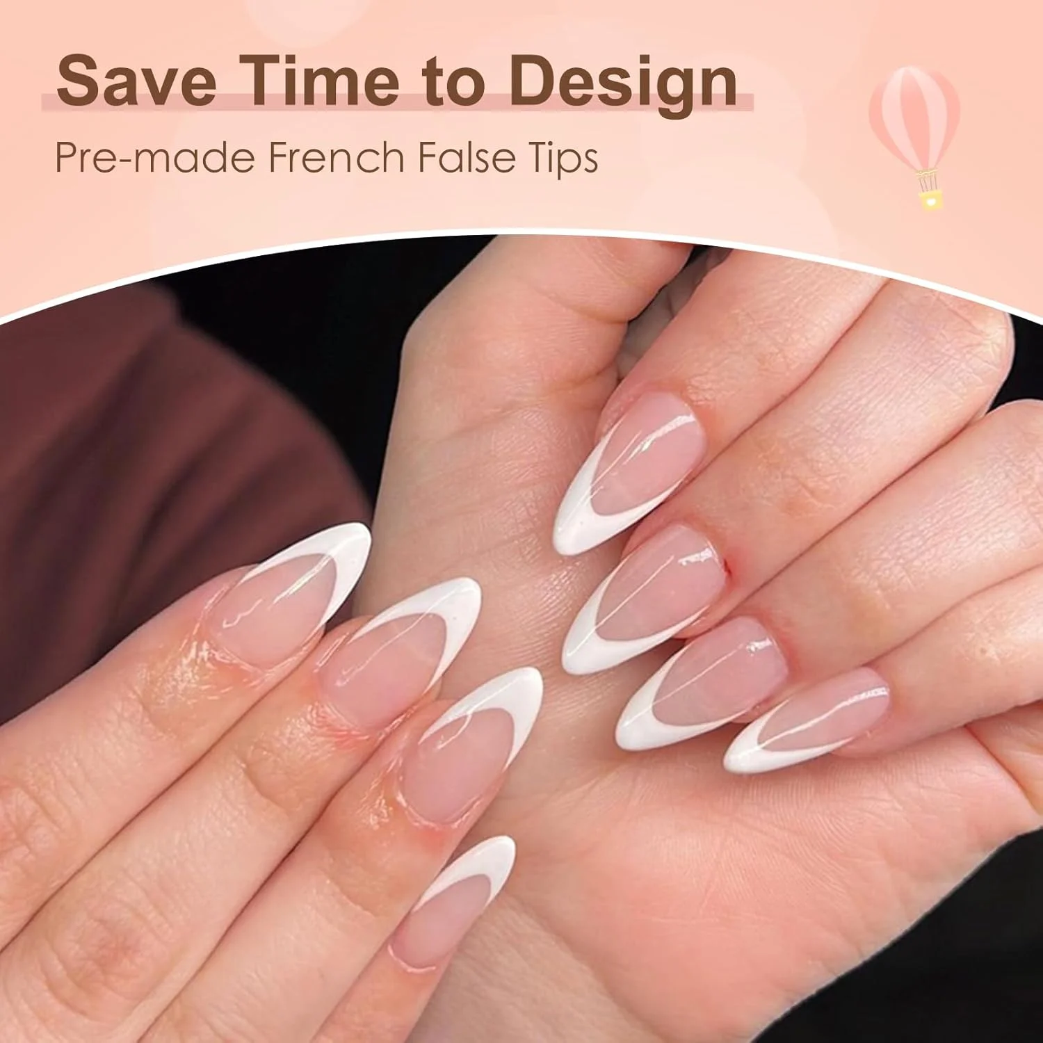ناخن مصنوعی بادامی فرنچ - ۱۲۰ عدد ناخن مصنوعی فرنچ - کیت ناخن مصنوعی با نوک سفید - پوشش کامل، مناسب برای طراحی ناخن و مانیکور