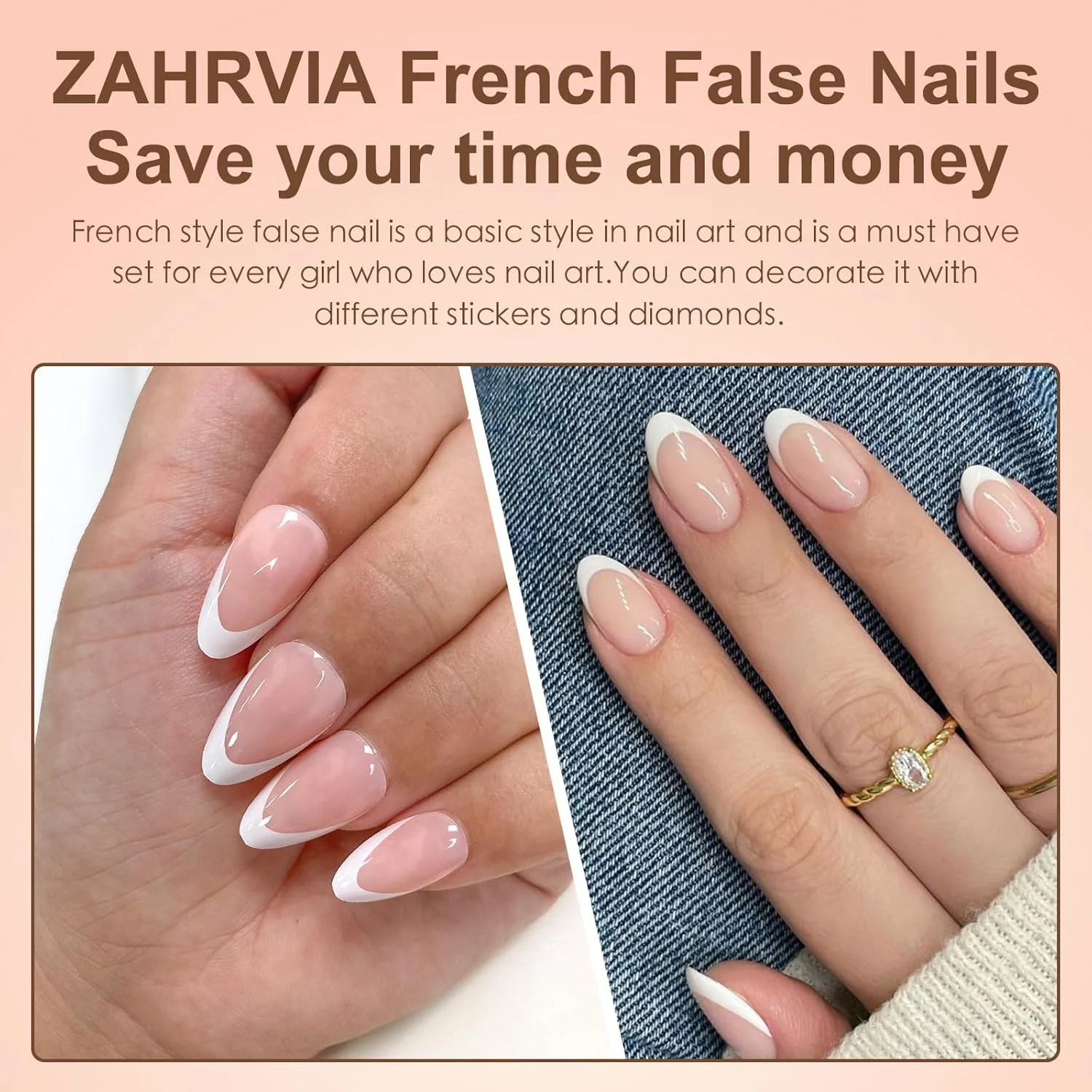 ناخن مصنوعی بادامی فرنچ - ۱۲۰ عدد ناخن مصنوعی فرنچ - کیت ناخن مصنوعی با نوک سفید - پوشش کامل، مناسب برای طراحی ناخن و مانیکور