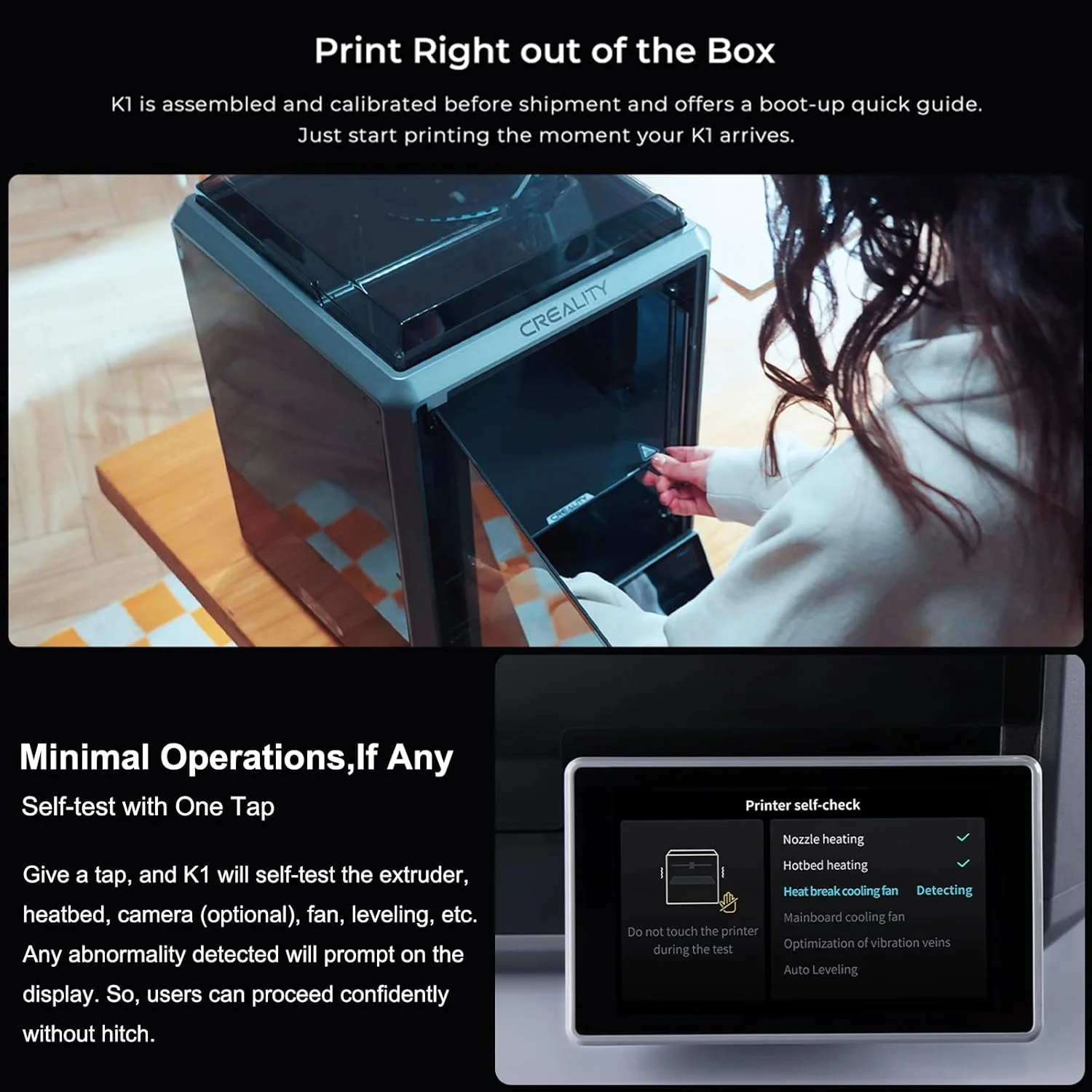 چاپگر سه بعدی موریلیان K1 با سرعت بالای 600 میلی‌متر بر ثانیه، اکسترودر مستقیم دو دنده، فن کمکی 18 واتی، صفحه ساخت انعطاف‌پذیر، گرم شدن سریع، پشتیبانی از خودآزمایی، تراز خودکار و قابلیت چاپ آنلاین چندگانه