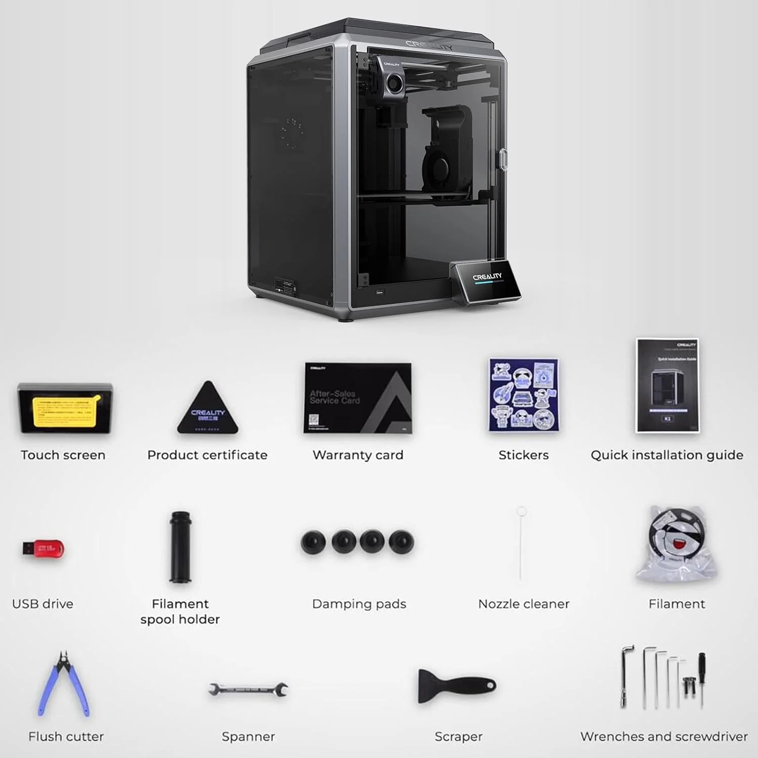 پرینتر سه بعدی موریلیان K1 با سرعت بالای 600 میلی‌متر بر ثانیه، صفحه لمسی رنگی 4.3 اینچی، اکسترودر مستقیم دوگانه، ابعاد چاپ 220 * 220 * 250 میلی‌متر، سیستم عامل و سخت‌افزار سریع، فن کمکی 18 واتی و صفحه ساخت انعطاف‌پذیر