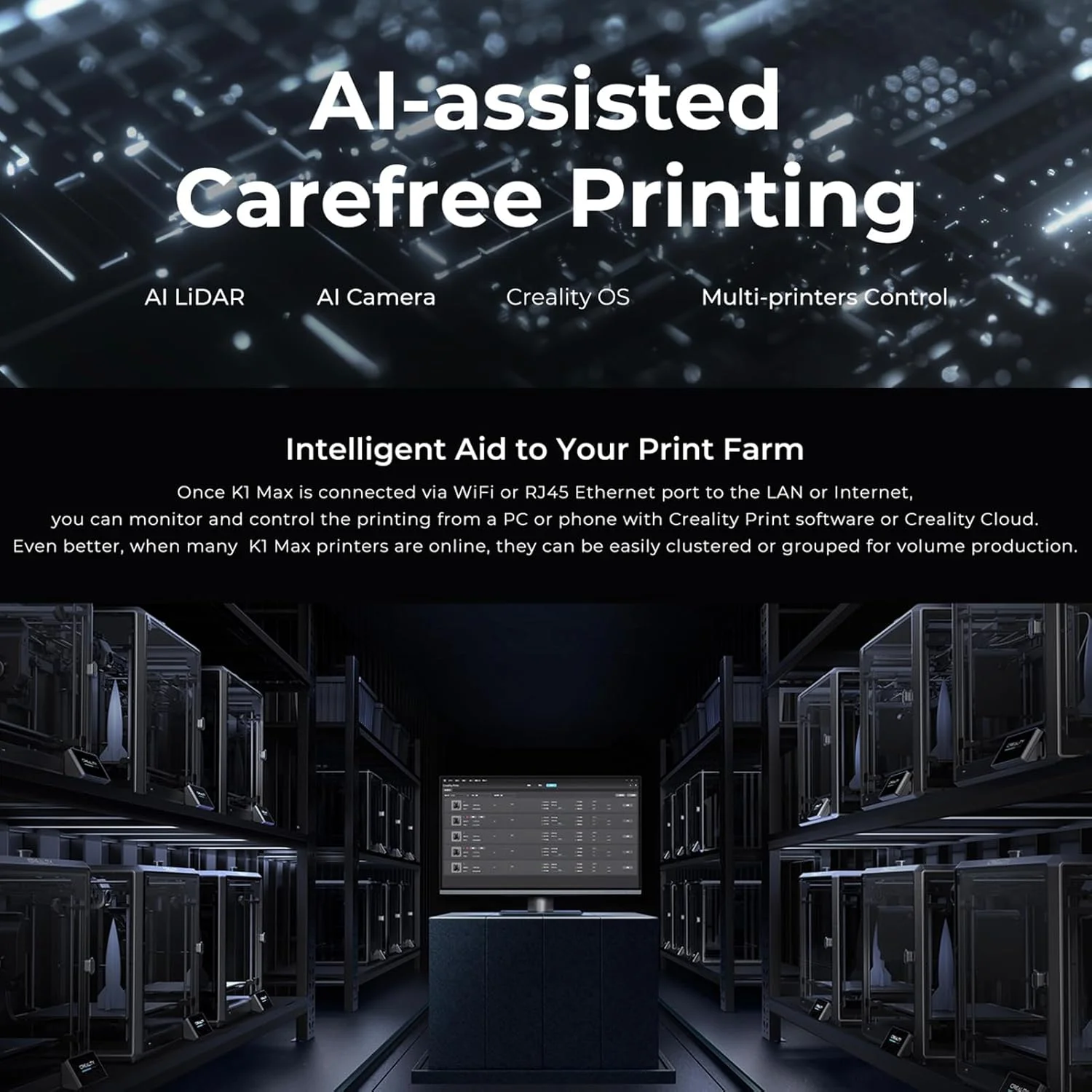 پرینتر سه بعدی FDM مدل OUNA K1 Max CoreXY با حجم ساخت بزرگ 300x300x300 میلی‌متر، سرعت چاپ 600 میلی‌متر بر ثانیه، هات‌اند با جریان بزرگ، LiDAR هوش مصنوعی داخلی و دوربین هوش مصنوعی، پشتیبانی از G-sensor هوشمند، پشتیبانی از تراز خودکار