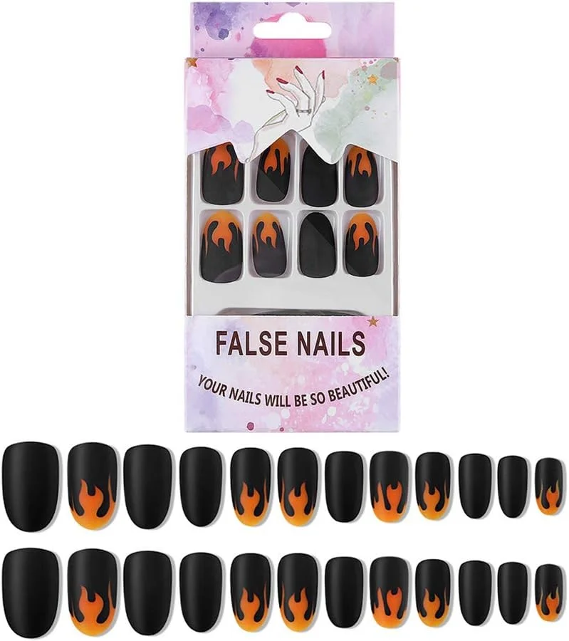 ۲۴ عدد ناخن مصنوعی تزئینی، برچسب ناخن مات با طرح شعله، مناسب برای طراحی و کاشت ناخن به همراه ژل ژله ای