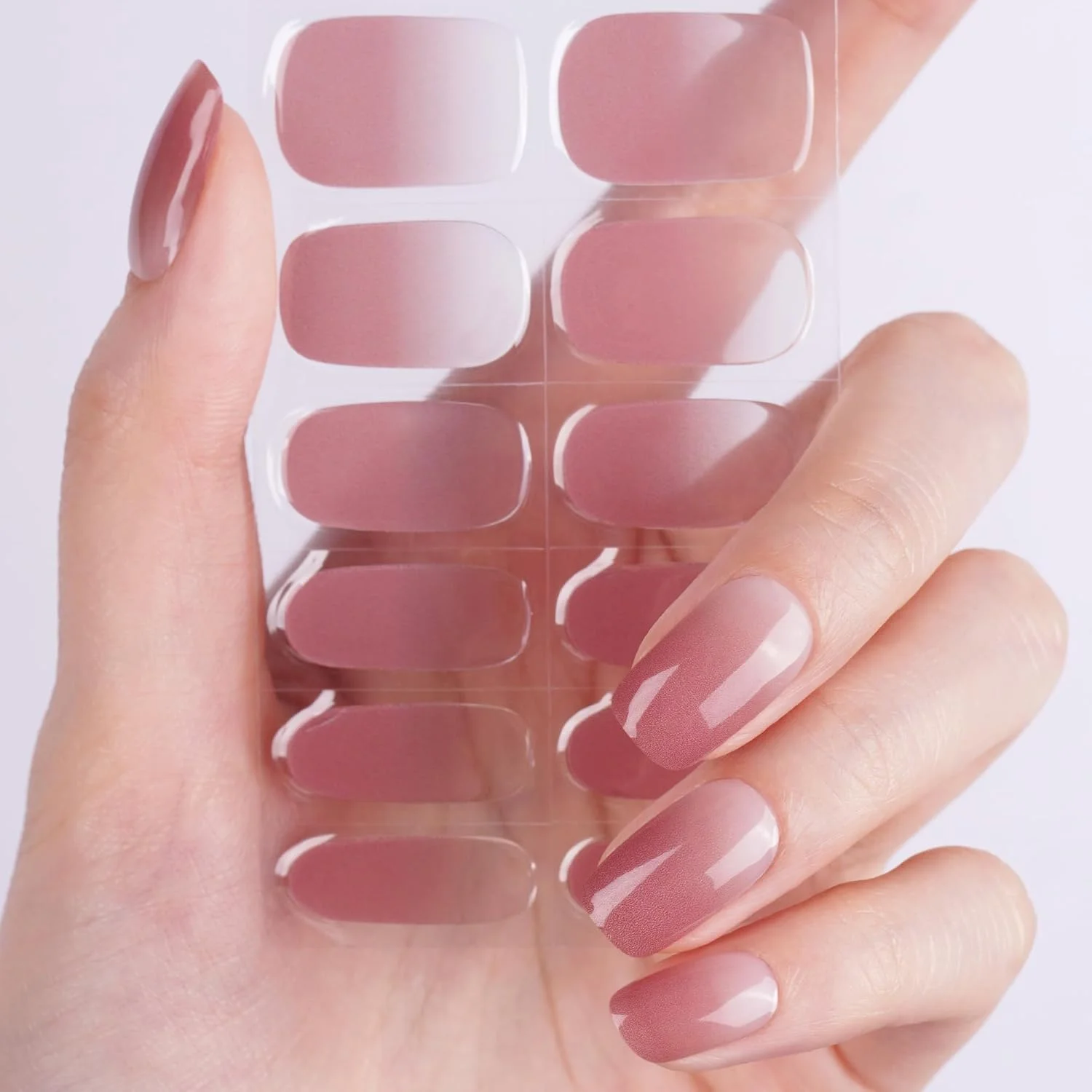 استیکرهای ناخن ژلی نیمه پخته DANNI & TONI، آمبره مات و شفاف نرم خود چسب (رژگونه کاکائویی)، نیاز به لامپ UV/LED، استیکرهای مانیکور با کیفیت سالن، مجموعه 28 عددی