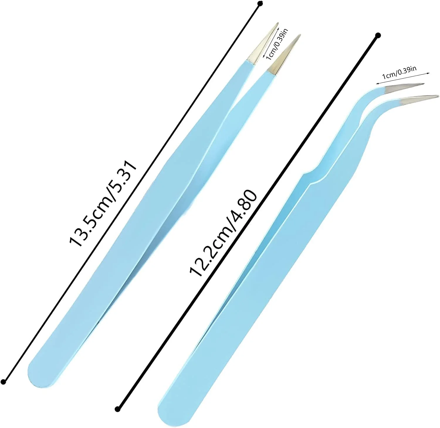 دو عدد موچین نوک تیز صاف و خمیده برای اکستنشن مژه - ابزار برداشتن نگین و استیکر ناخن - موچین دقیق استیل ضد زنگ (آبی)