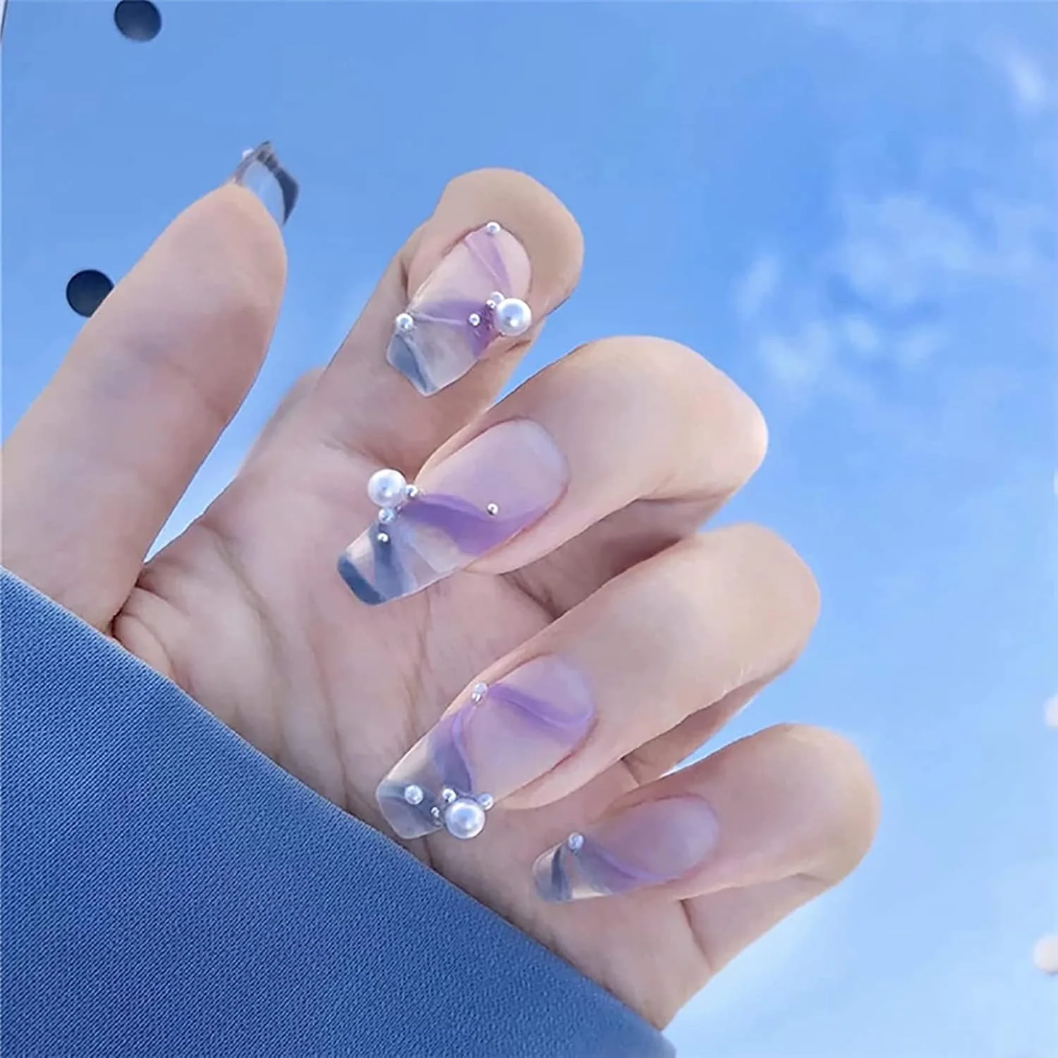 ناخن مصنوعی 24 عددی ELECDON، نوک فرانسوی قد متوسط، ناخن های مصنوعی سه بعدی تابوتی پوشش کامل، نکات اکستنشن برای سالن های زنانه و دخترانه، استیکرها و برچسب های طراحی ناخن، لوازم جانبی طراحی ناخن DIY (مروارید)