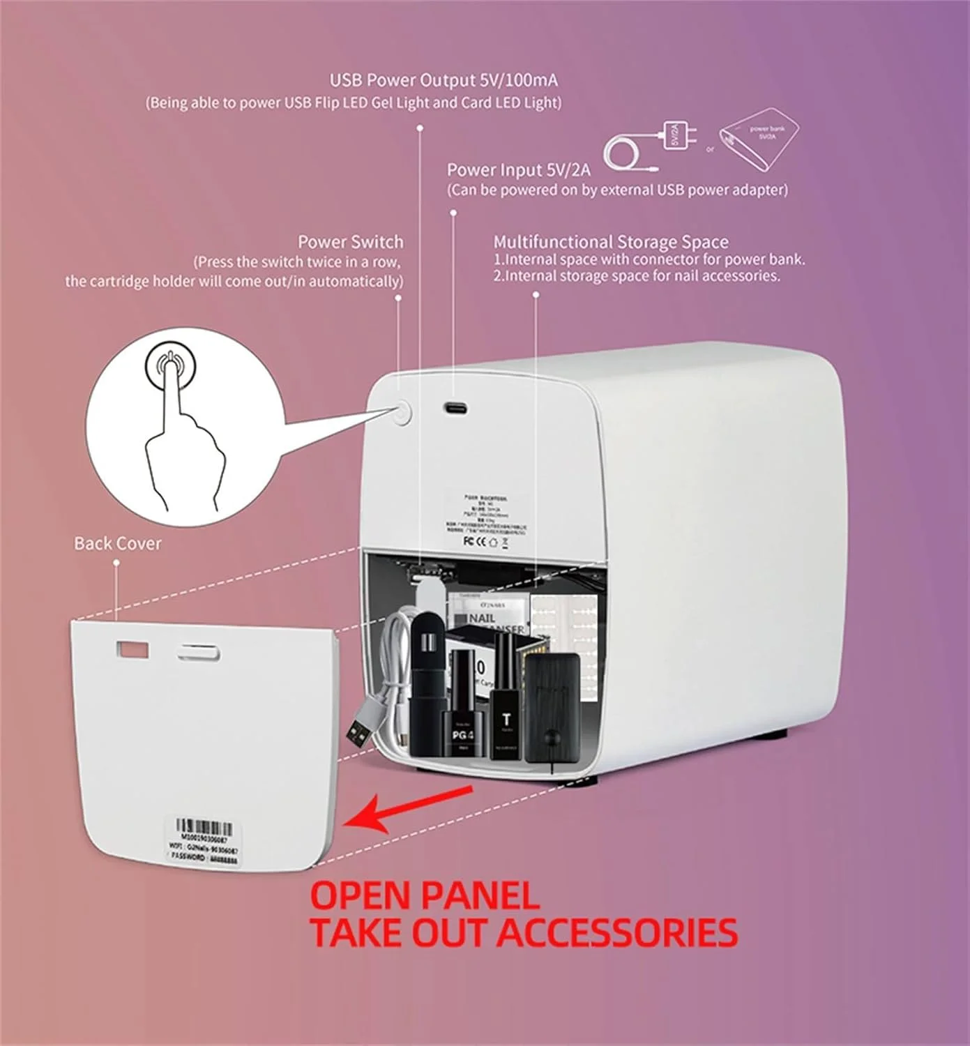 دستگاه طراحی ناخن سه بعدی قابل حمل | پشتیبانی از WiFi/DIY/USB | چاپگر خودکار هنر ناخن | چاپگر دیجیتال موبایل هنر ناخن برای خانه یا سالن ناخن