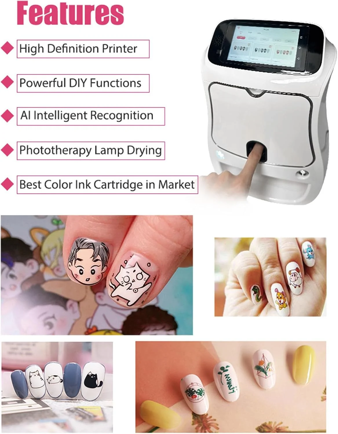 دستگاه چاپ طرح ناخن، صفحه نمایش لمسی، دستگاه چاپ دیجیتال سه بعدی ناخن، ست مانیکور سالن، دستگاه چاپ ناخن موبایل با پشتیبانی از WiFi/DIY، ابزار چاپ طرح ناخن، دارای خشک کن ناخن داخلی دستگاه چاپ طرح ناخن، صفحه نمایش لمسی، دستگاه چاپ دیجیتال سه بعدی ناخن، ست مانیکور سالن، دستگاه چاپ ناخن موبایل با پشتیبانی از WiFi/DIY، ابزار چاپ طرح ناخن، دارای خشک کن ناخن داخلی
