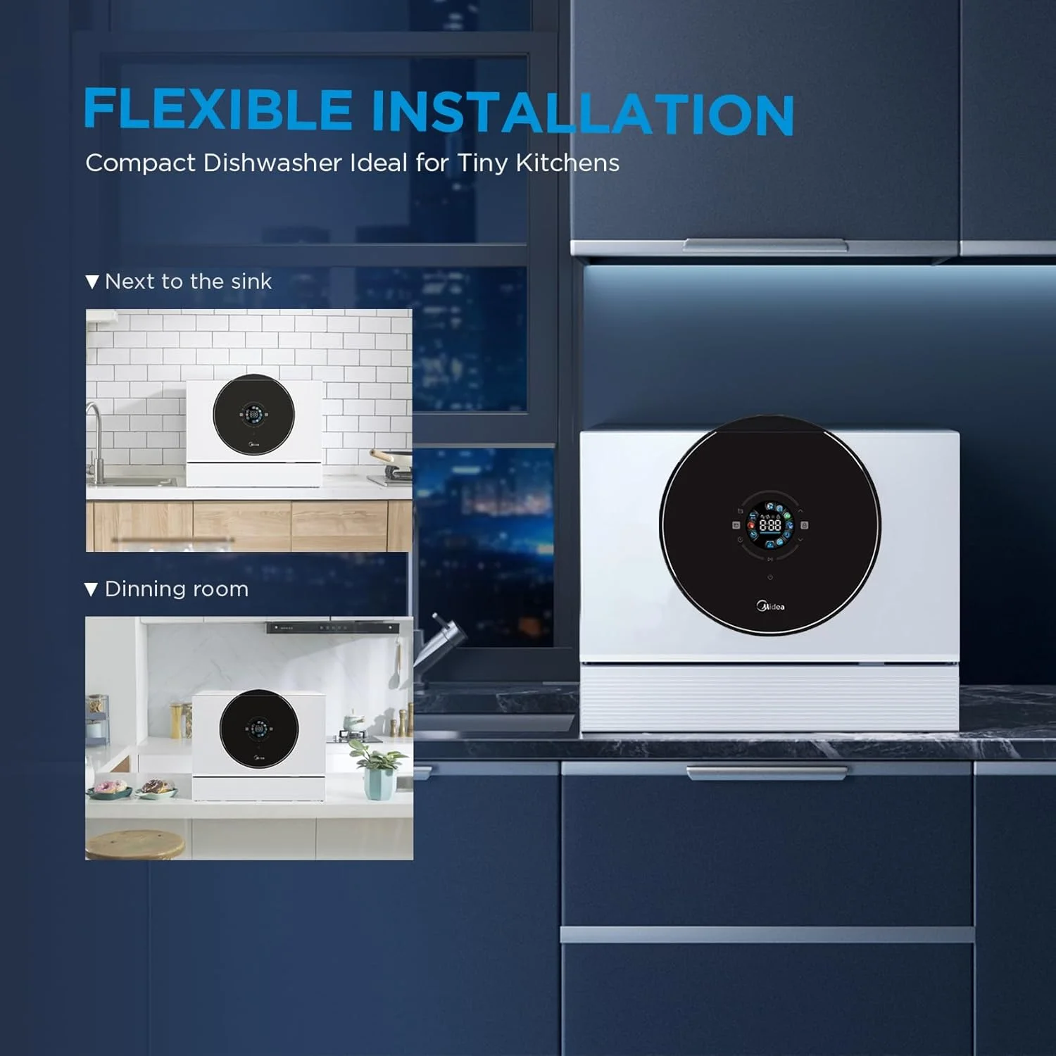 ماشین ظرفشویی رومیزی 6 نفره میدیا، صفحه نمایش لمسی فوق واقعی، حالت بارگیری سریع، خشک کردن با باز شدن خودکار، روکش آینه ای، مقاوم در برابر خراش و لکه - WQP6-3609W-G (سفید)