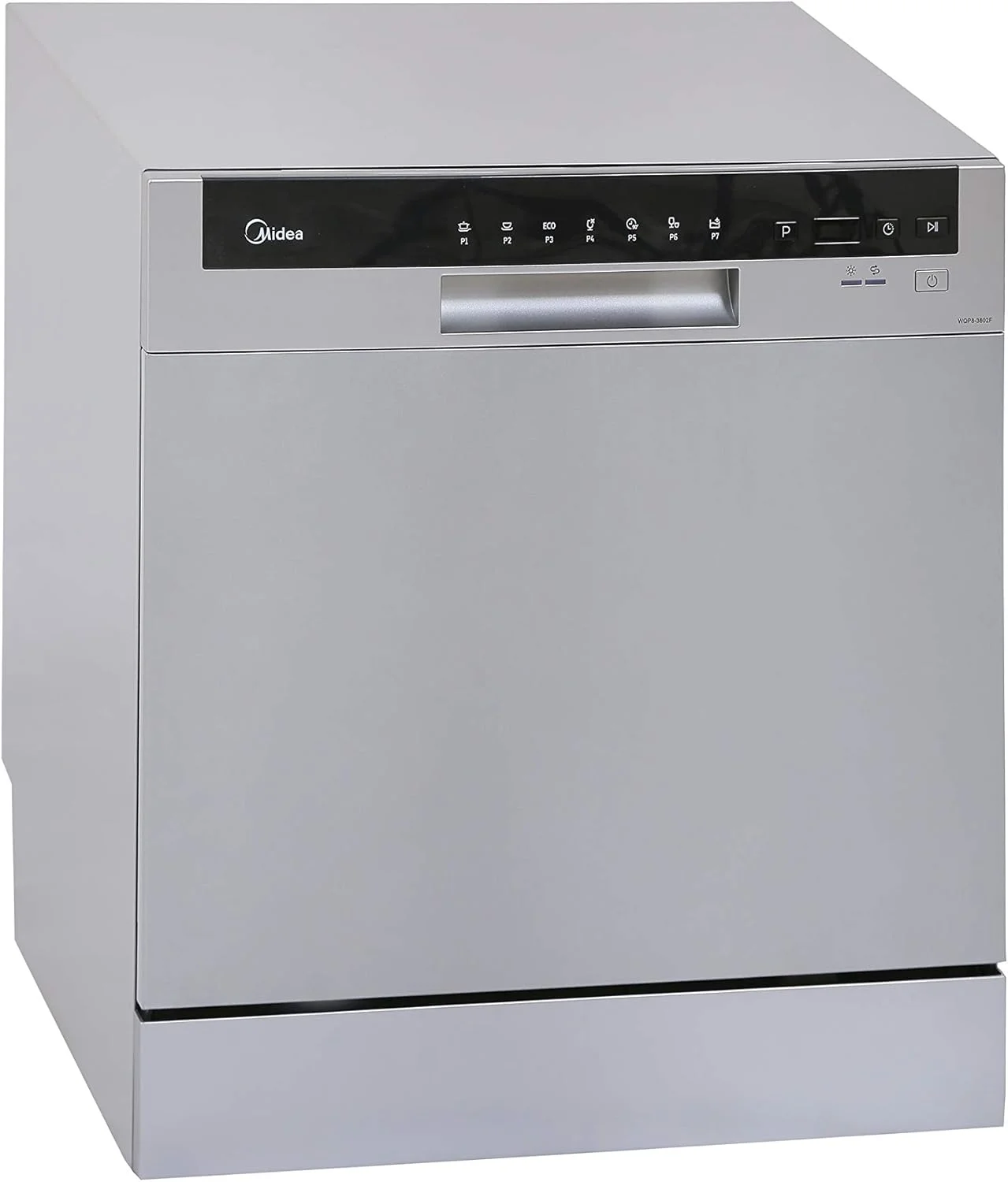 ماشین ظرفشویی رومیزی میدیا، قابل حمل، 8 نفره، 7 برنامه، اینورتر کواترو، کم صدا و با راندمان انرژی بالا، شستشوی سریع، قفل کودک، خود تمیز شونده، 70 درجه سفید، WQP8-3802F-S