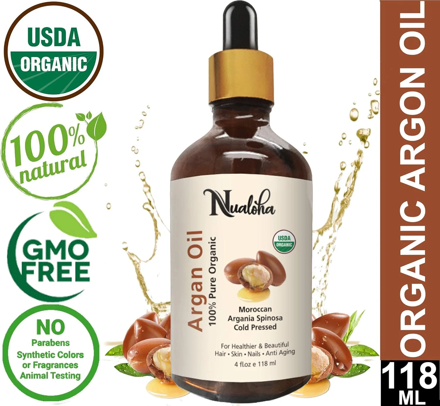 روغن آرگان ارگانیک برای رشد مو، پوست، ناخن، مرطوب کننده صورت ضد پیری، روغن آرگان مراکشی خالص و فشرده شده با سرما برای صابون ها، روغن های ضروری و نرم کننده های مو - 118 میلی لیتر