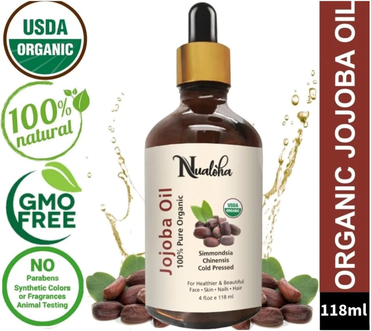روغن جوجوبا ارگانیک، مرطوب کننده طبیعی خالص با پرس سرد برای صورت، رشد مو، پوست، ناخن و مراقبت از بدن، روغن حامل اساسی - 118 میلی لیتر (جوجوبا)