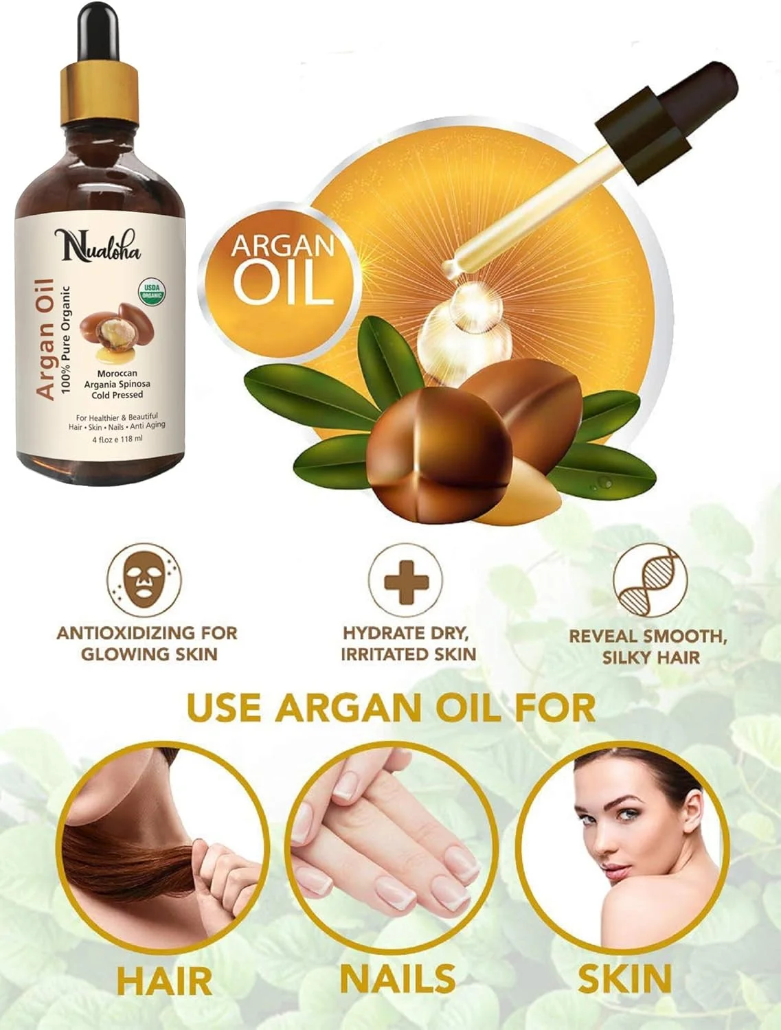 روغن آرگان ارگانیک برای رشد مو، پوست، ناخن، مرطوب کننده صورت ضد پیری، روغن آرگان مراکشی خالص و فشرده شده با سرما برای صابون ها، روغن های ضروری و نرم کننده های مو - 118 میلی لیتر