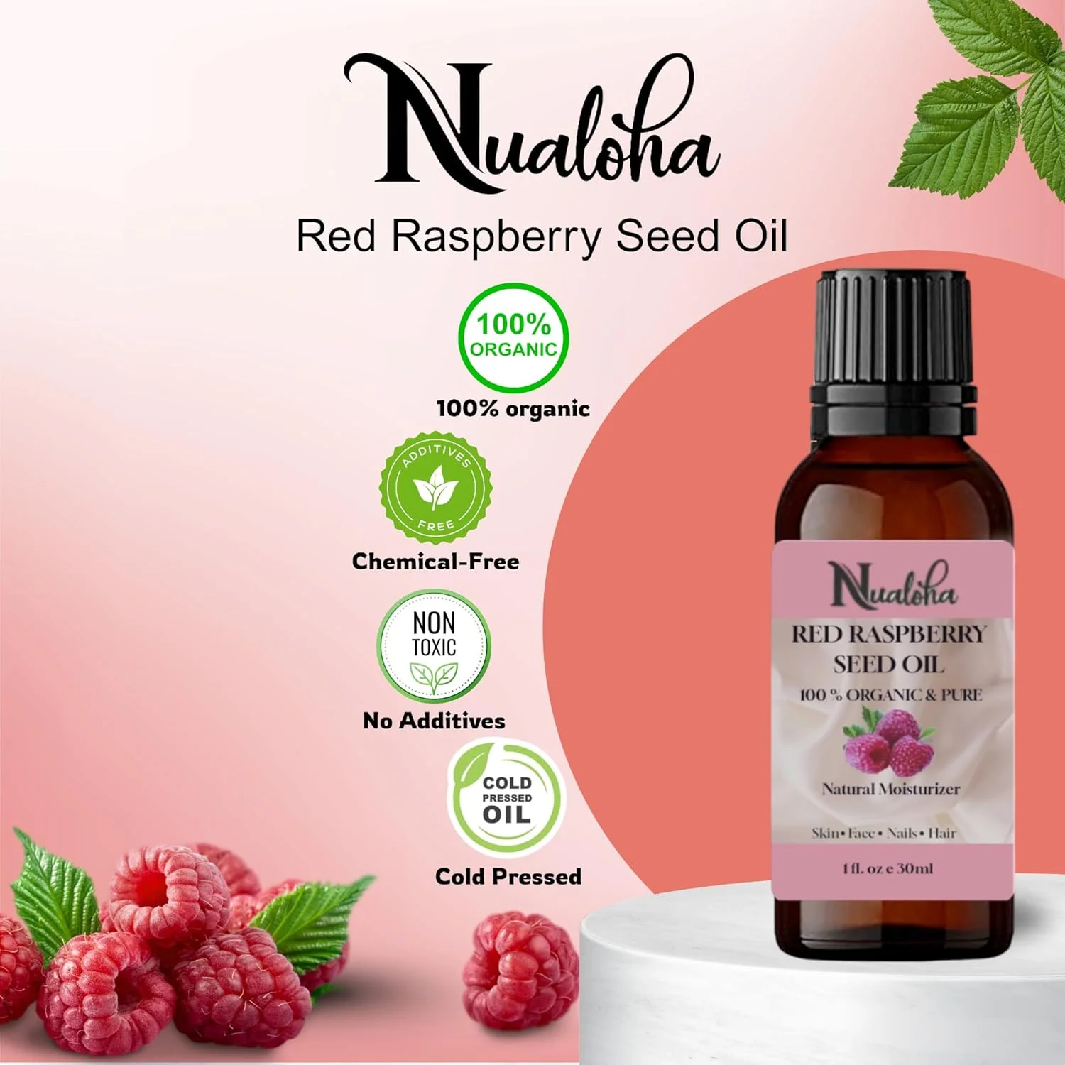 روغن تمشک قرمز ارگانیک، مرطوب کننده طبیعی فشرده سرد برای صورت، پوست، مو، ناخن و بدن - 30 میلی لیتر