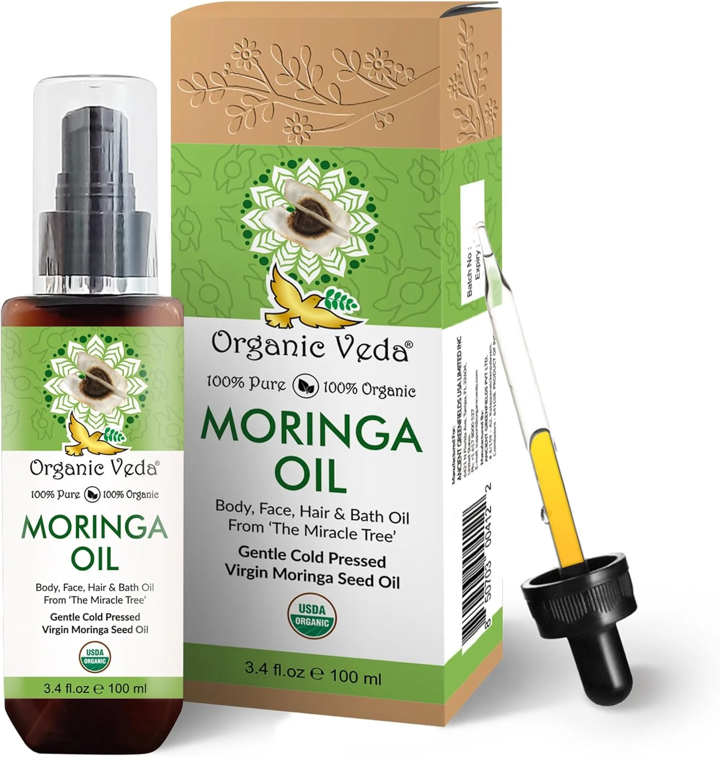 روغن مورینگا ارگانیک ودا 100 میلی لیتر | روغن دانه مورینگا پرس سرد ارگانیک دارای گواهی USDA، منتخب ممتاز خوراکی 100% خالص | برای صورت، پوست، مو، ناخن، پا و بدن
