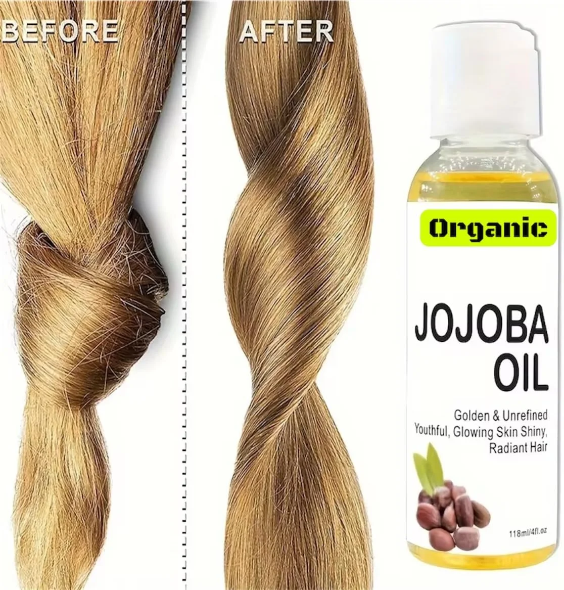 روغن جوجوبا ارگانیک - 100% خالص و طبیعی، پرس سرد | مرطوب کننده برای مراقبت از پوست، ماساژ، مراقبت از مو و رقیق کردن روغن های اساسی 118 میلی لیتر